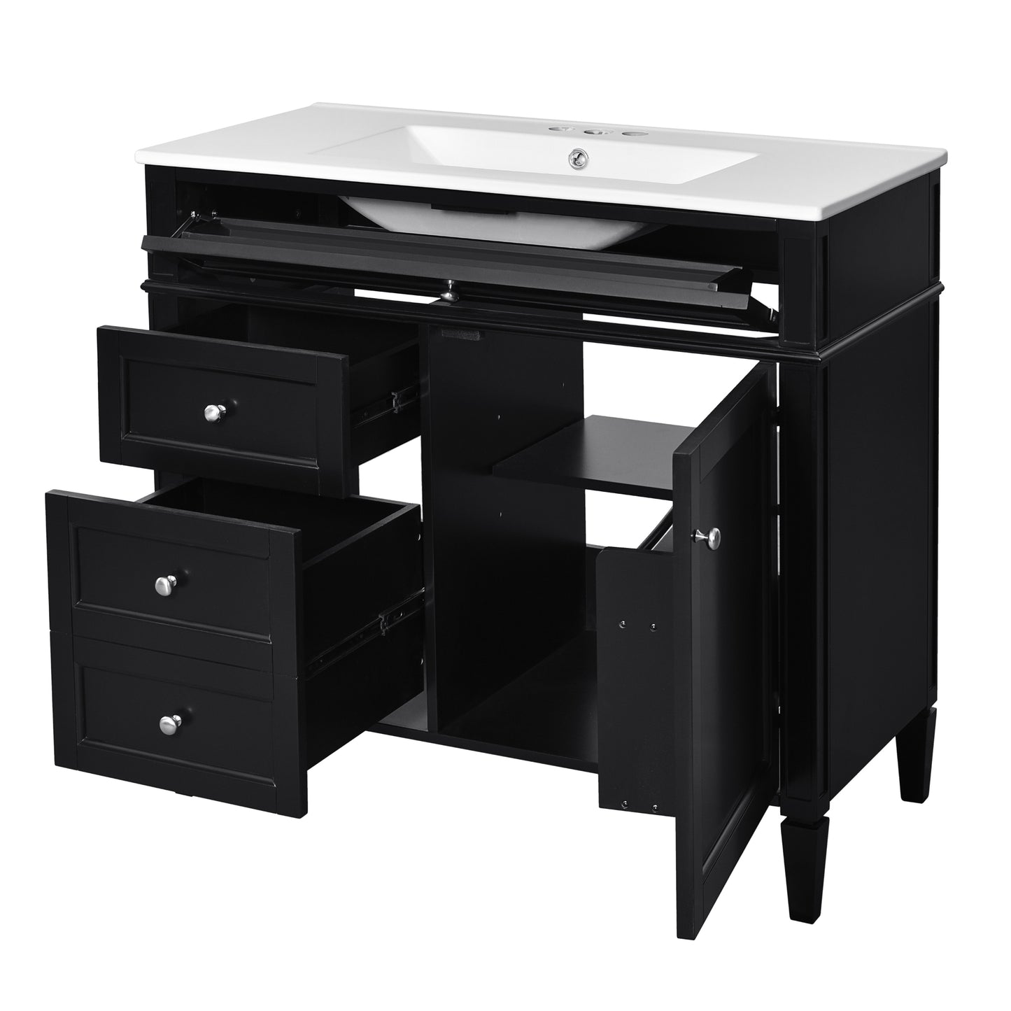 VanityFus 36-in Black Bathroom Vanity Single Sink Combo with Ceramic Top Undermount 2 Soft Close Doors 3 Drawers Adjustable Shelves