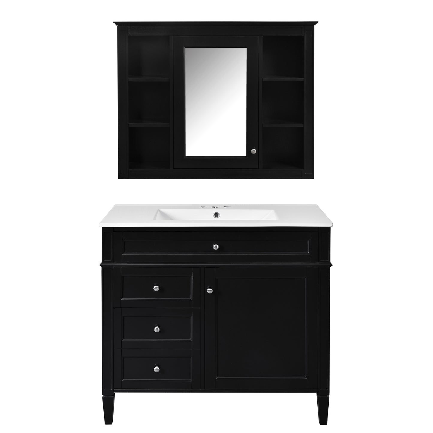 VanityFus 36-in Black Bathroom Vanity Single Sink Combo with Ceramic Top Undermount 2 Soft Close Doors 3 Drawers Adjustable Shelves