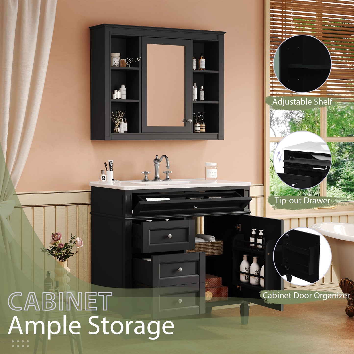 VanityFus 36-in Black Bathroom Vanity Single Sink Combo with Ceramic Top Undermount 2 Soft Close Doors 3 Drawers Adjustable Shelves