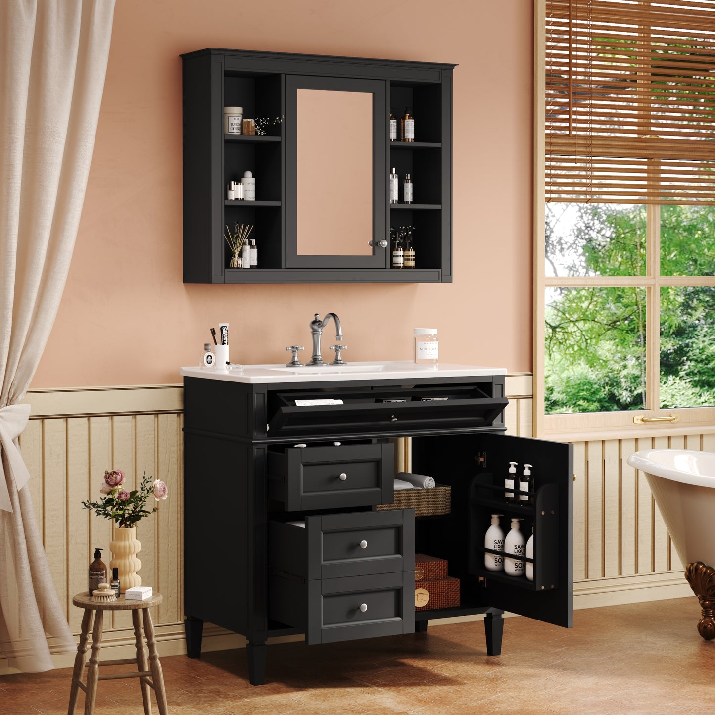 VanityFus 36-in Black Bathroom Vanity Single Sink Combo with Ceramic Top Undermount 2 Soft Close Doors 3 Drawers Adjustable Shelves