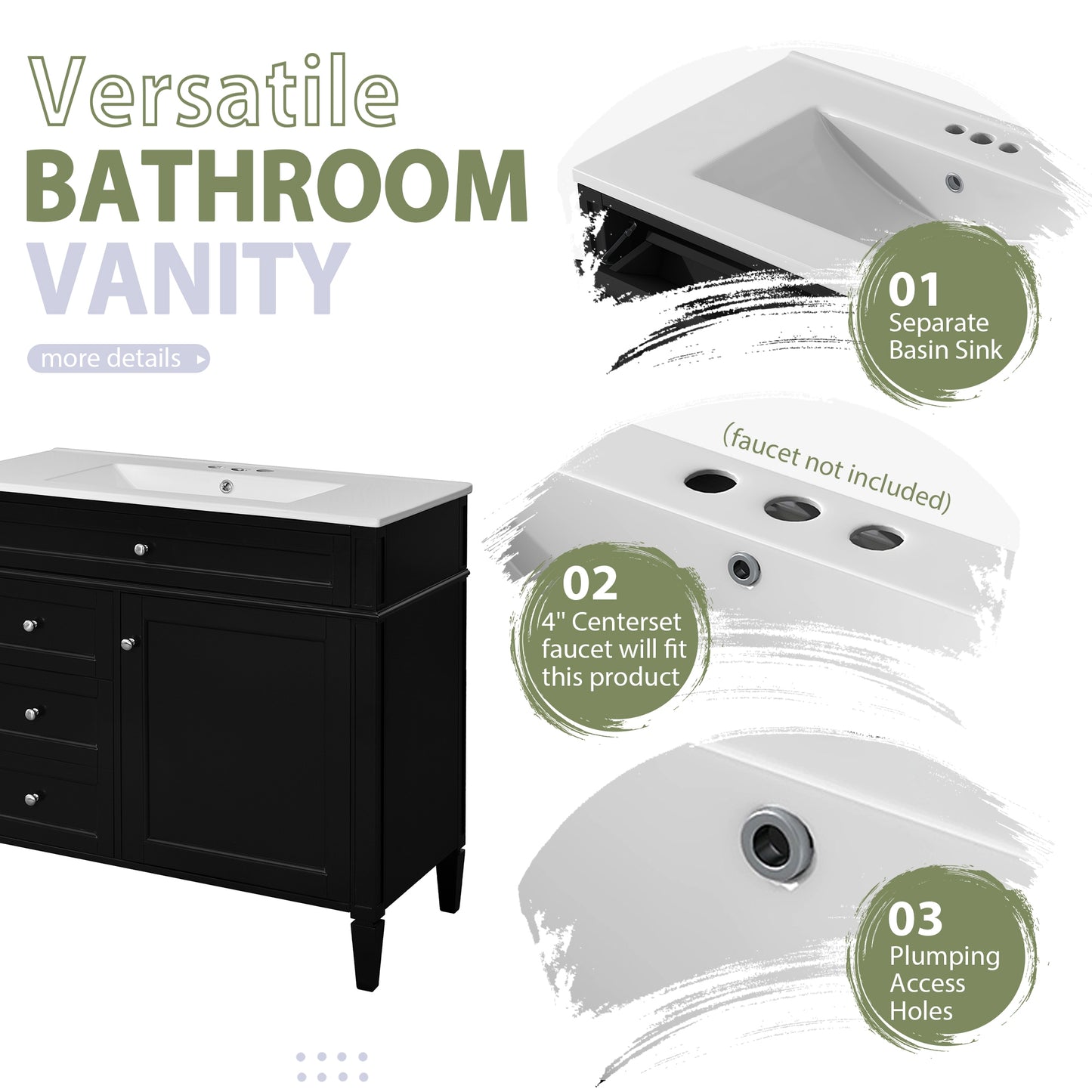 VanityFus 36-in Black Bathroom Vanity Single Sink Combo with Ceramic Top Undermount 2 Soft Close Doors 3 Drawers Adjustable Shelves
