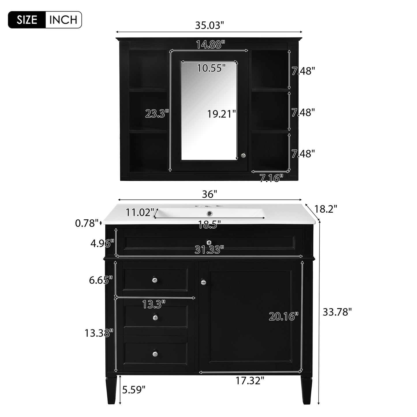 VanityFus 36-in Black Bathroom Vanity Single Sink Combo with Ceramic Top Undermount 2 Soft Close Doors 3 Drawers Adjustable Shelves
