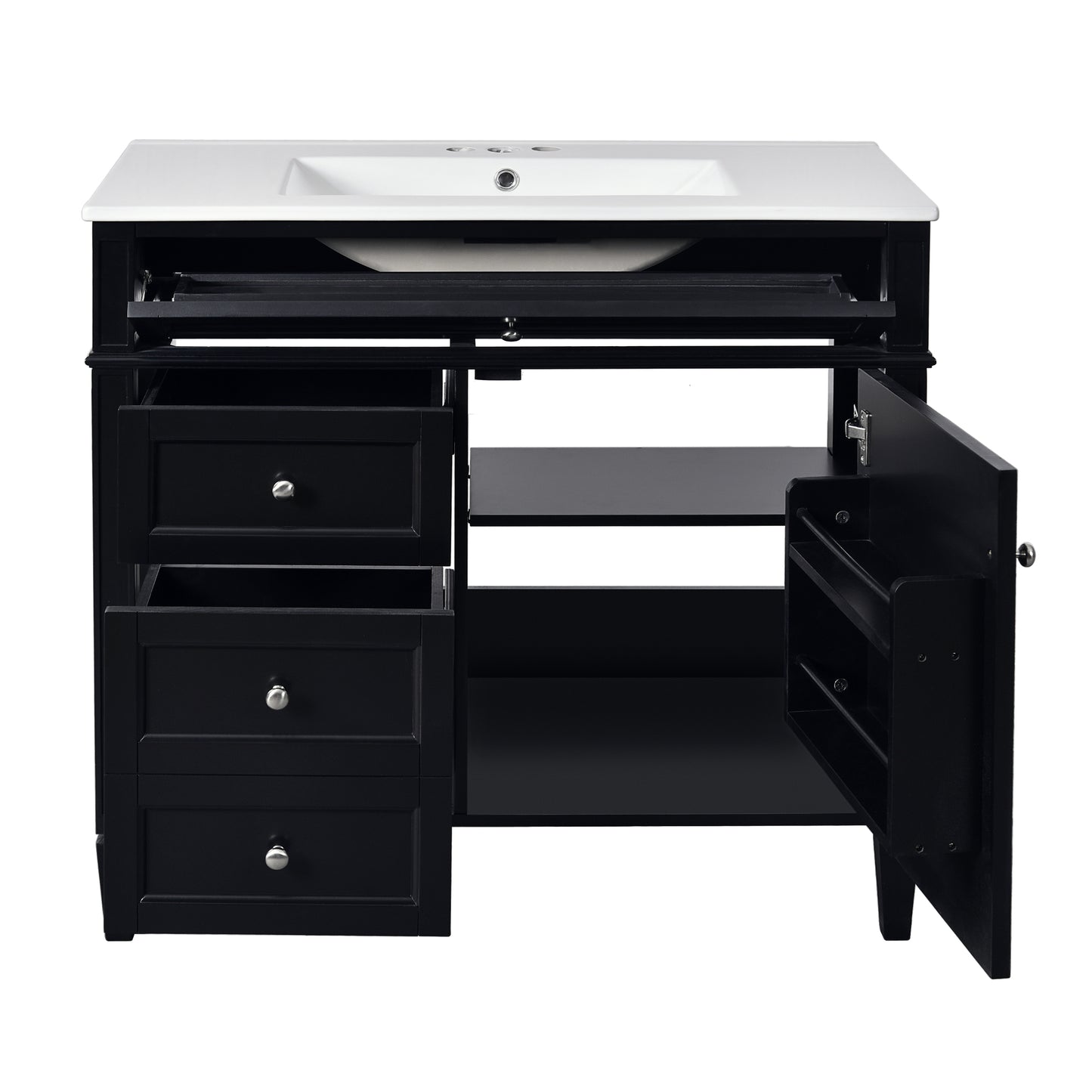VanityFus 36-in Black Bathroom Vanity Single Sink Combo with Ceramic Top Undermount 2 Soft Close Doors 3 Drawers Adjustable Shelves