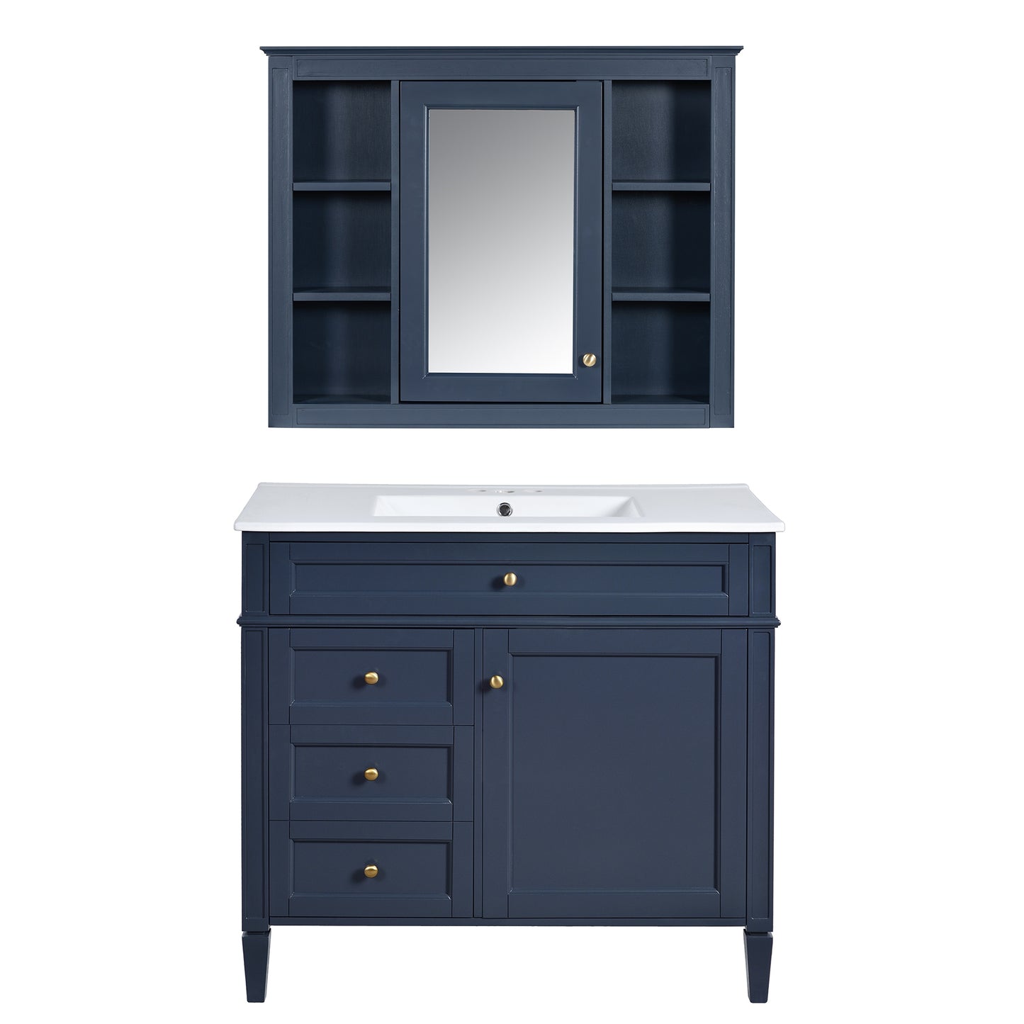VanityFus 36-in Blue Bathroom Vanity Single Sink Combo with Ceramic Top Undermount 2 Soft Close Doors 3 Drawers Adjustable Shelves