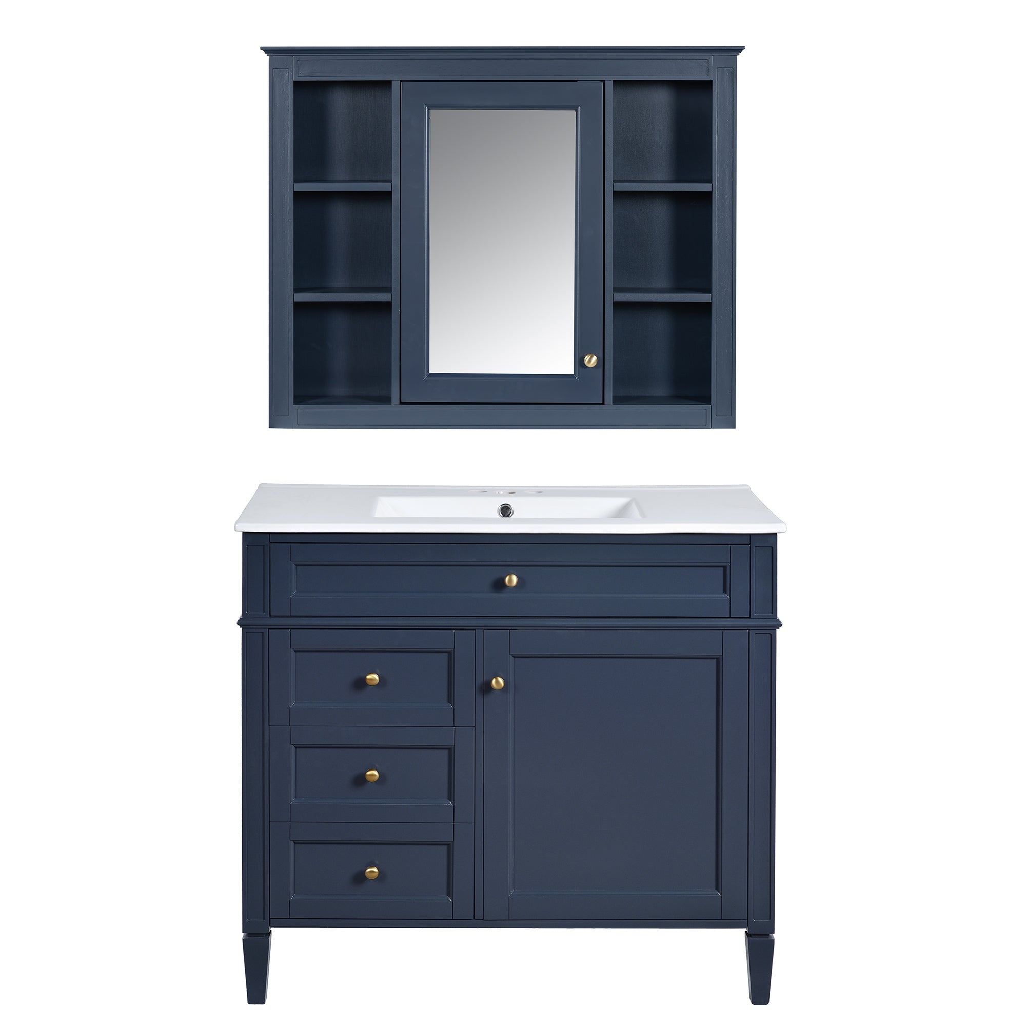 VanityFus 36-in Blue Bathroom Vanity Single Sink Combo with Ceramic Top Undermount 2 Soft Close Doors 3 Drawers Adjustable Shelves