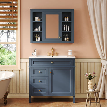 VanityFus 36-in Blue Bathroom Vanity Single Sink Combo with Ceramic Top Undermount 2 Soft Close Doors 3 Drawers Adjustable Shelves