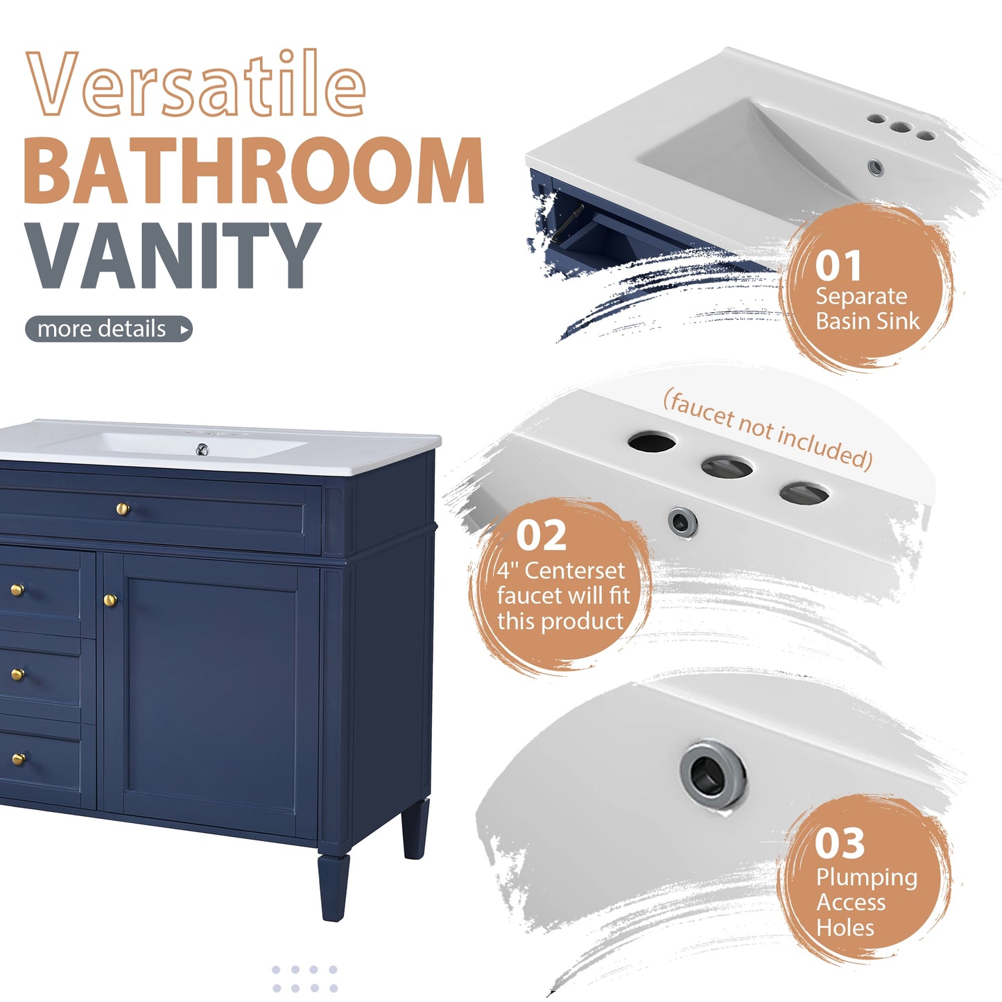 VanityFus 36-in Blue Bathroom Vanity Single Sink Combo with Ceramic Top Undermount 2 Soft Close Doors 3 Drawers Adjustable Shelves