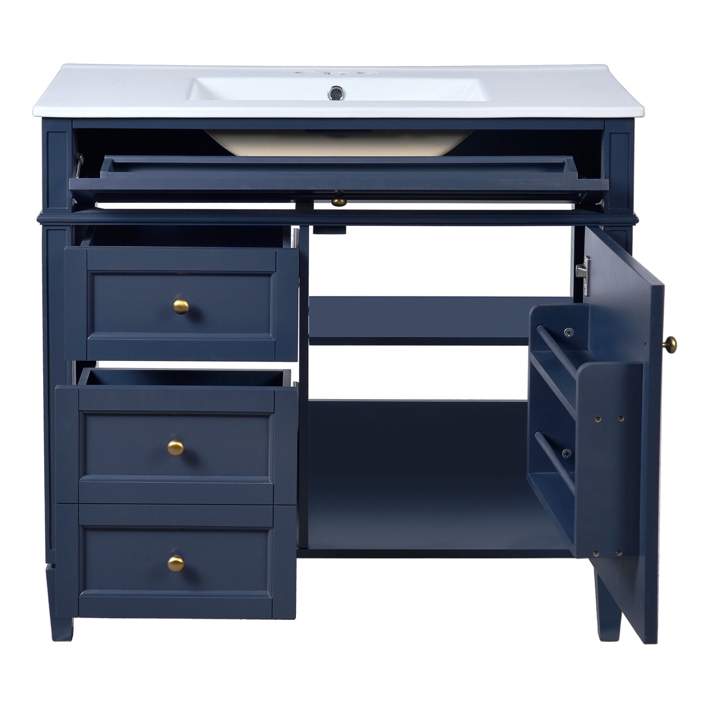 VanityFus 36-in Blue Bathroom Vanity Single Sink Combo with Ceramic Top Undermount 2 Soft Close Doors 3 Drawers Adjustable Shelves
