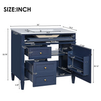 VanityFus 36-in Blue Bathroom Vanity Single Sink Combo with Ceramic Top Undermount 2 Soft Close Doors 3 Drawers Adjustable Shelves