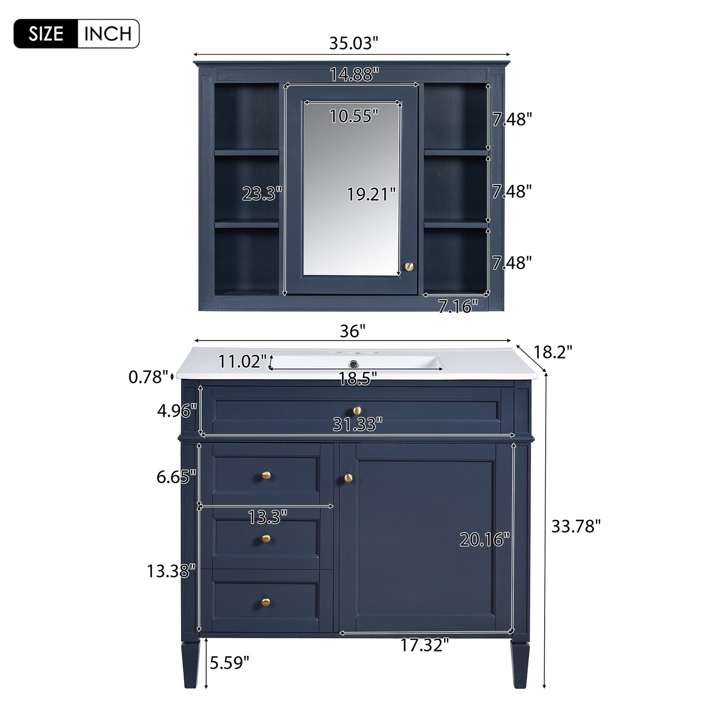 VanityFus 36-in Blue Bathroom Vanity Single Sink Combo with Ceramic Top Undermount 2 Soft Close Doors 3 Drawers Adjustable Shelves