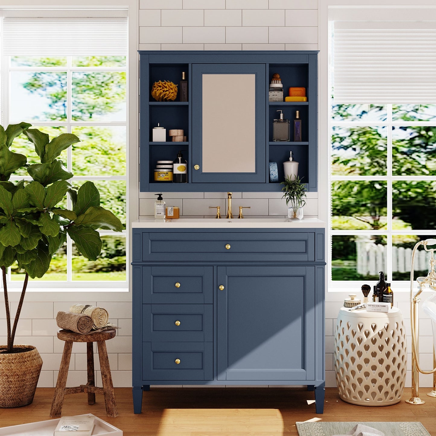 VanityFus 36-in Blue Bathroom Vanity Single Sink Medicine Cabinet Combo with Ceramic Top Undermount 2 Soft Close Doors 3 Drawers Adjustable Shelves (Mirror Included)