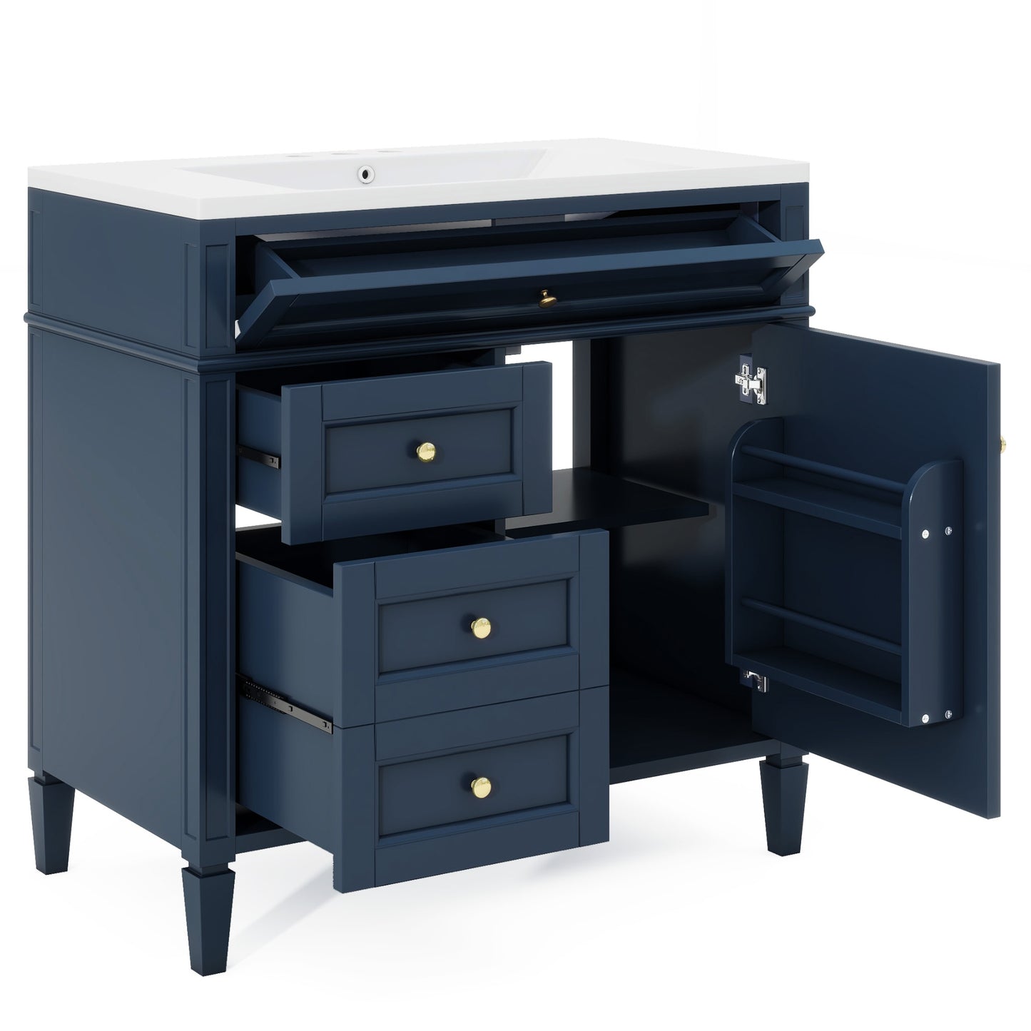 VanityFus 36-in Blue Bathroom Vanity Single Sink Medicine Cabinet Combo with Ceramic Top Undermount 2 Soft Close Doors 3 Drawers Adjustable Shelves (Mirror Included)