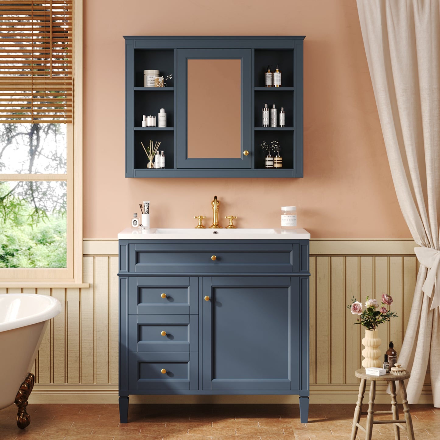 VanityFus 36-in Blue Bathroom Vanity Single Sink Medicine Cabinet Combo with Ceramic Top Undermount 2 Soft Close Doors 3 Drawers Adjustable Shelves (Mirror Included)
