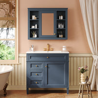 VanityFus 36-in Blue Bathroom Vanity Single Sink Medicine Cabinet Combo with Ceramic Top Undermount 2 Soft Close Doors 3 Drawers Adjustable Shelves (Mirror Included)