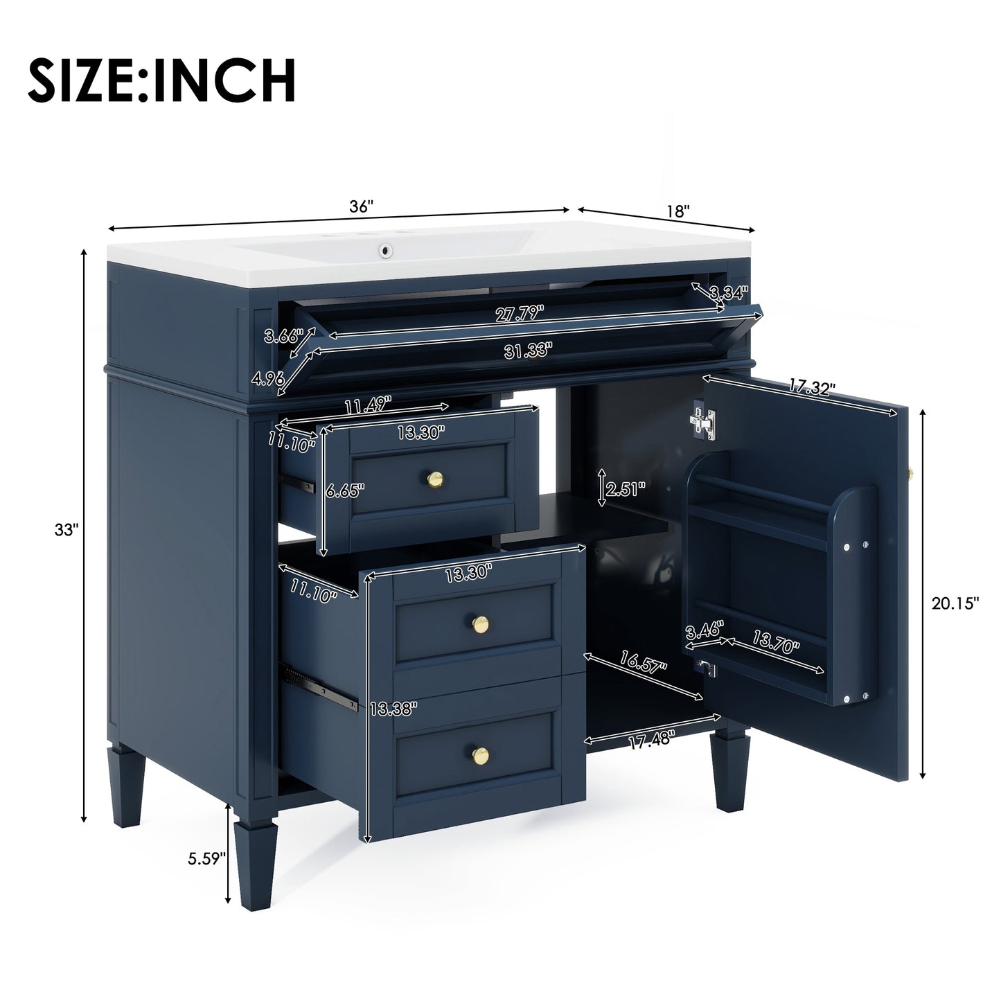 VanityFus 36-in Blue Bathroom Vanity Single Sink Medicine Cabinet Combo with Ceramic Top Undermount 2 Soft Close Doors 3 Drawers Adjustable Shelves (Mirror Included)