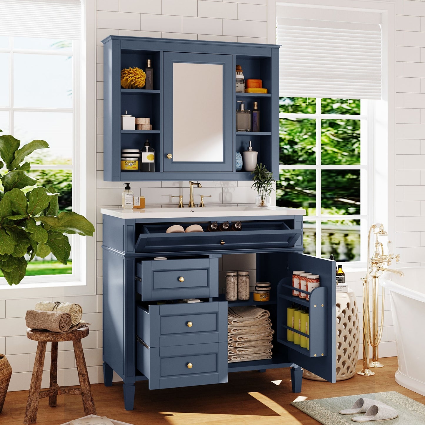 VanityFus 36-in Blue Bathroom Vanity Single Sink Medicine Cabinet Combo with Ceramic Top Undermount 2 Soft Close Doors 3 Drawers Adjustable Shelves (Mirror Included)