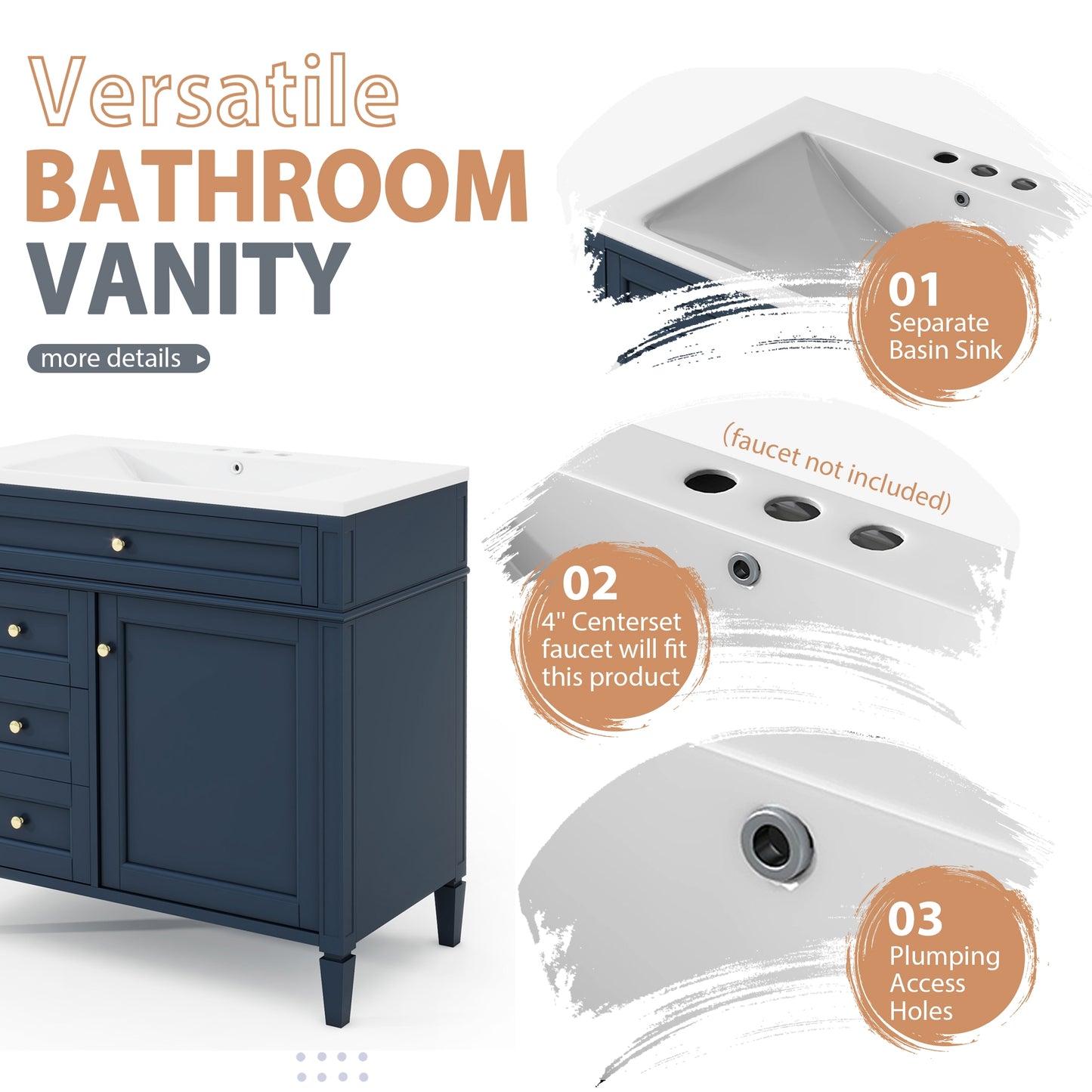 VanityFus 36-in Blue Bathroom Vanity Single Sink Medicine Cabinet Combo with Ceramic Top Undermount 2 Soft Close Doors 3 Drawers Adjustable Shelves (Mirror Included)