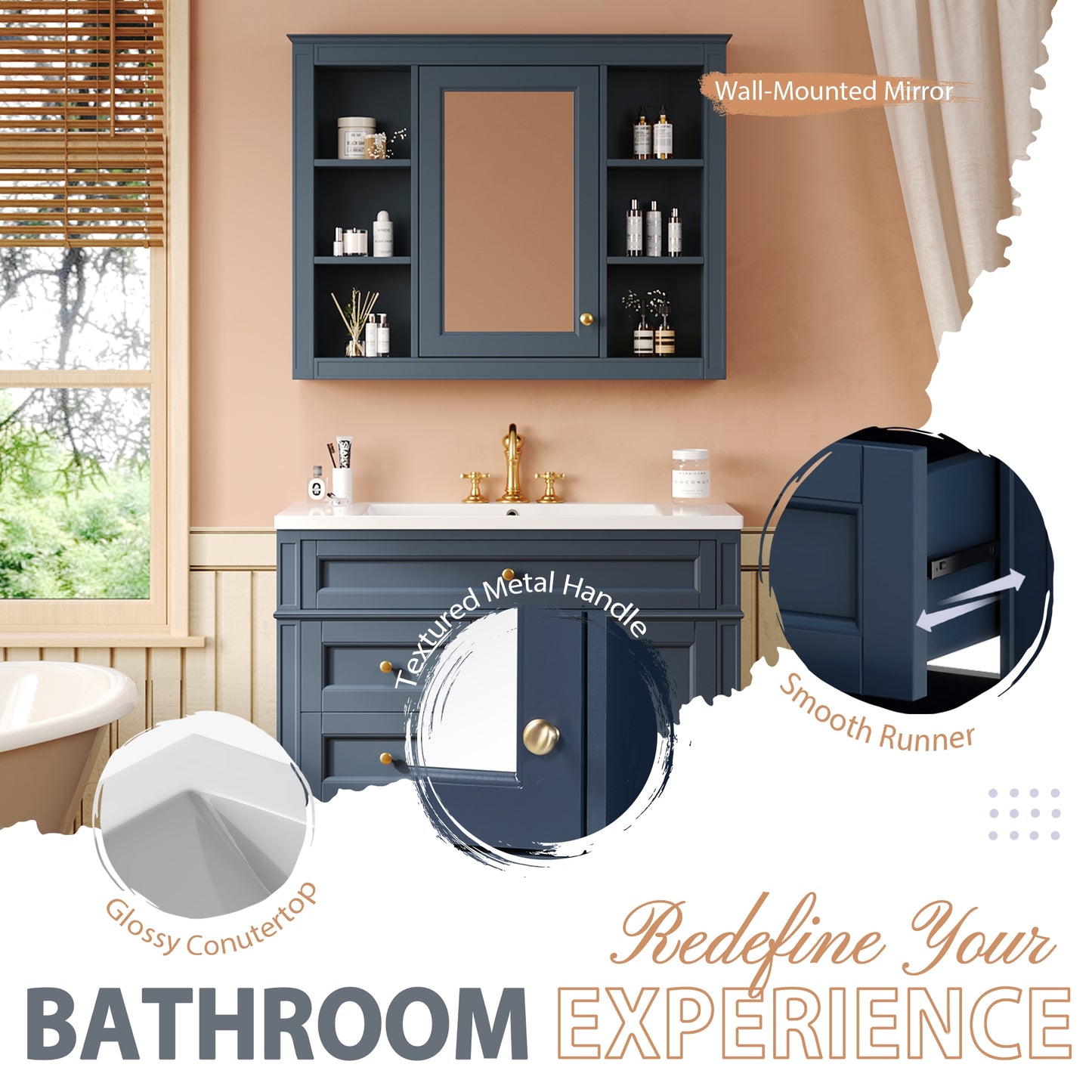 VanityFus 36-in Blue Bathroom Vanity Single Sink Medicine Cabinet Combo with Ceramic Top Undermount 2 Soft Close Doors 3 Drawers Adjustable Shelves (Mirror Included)