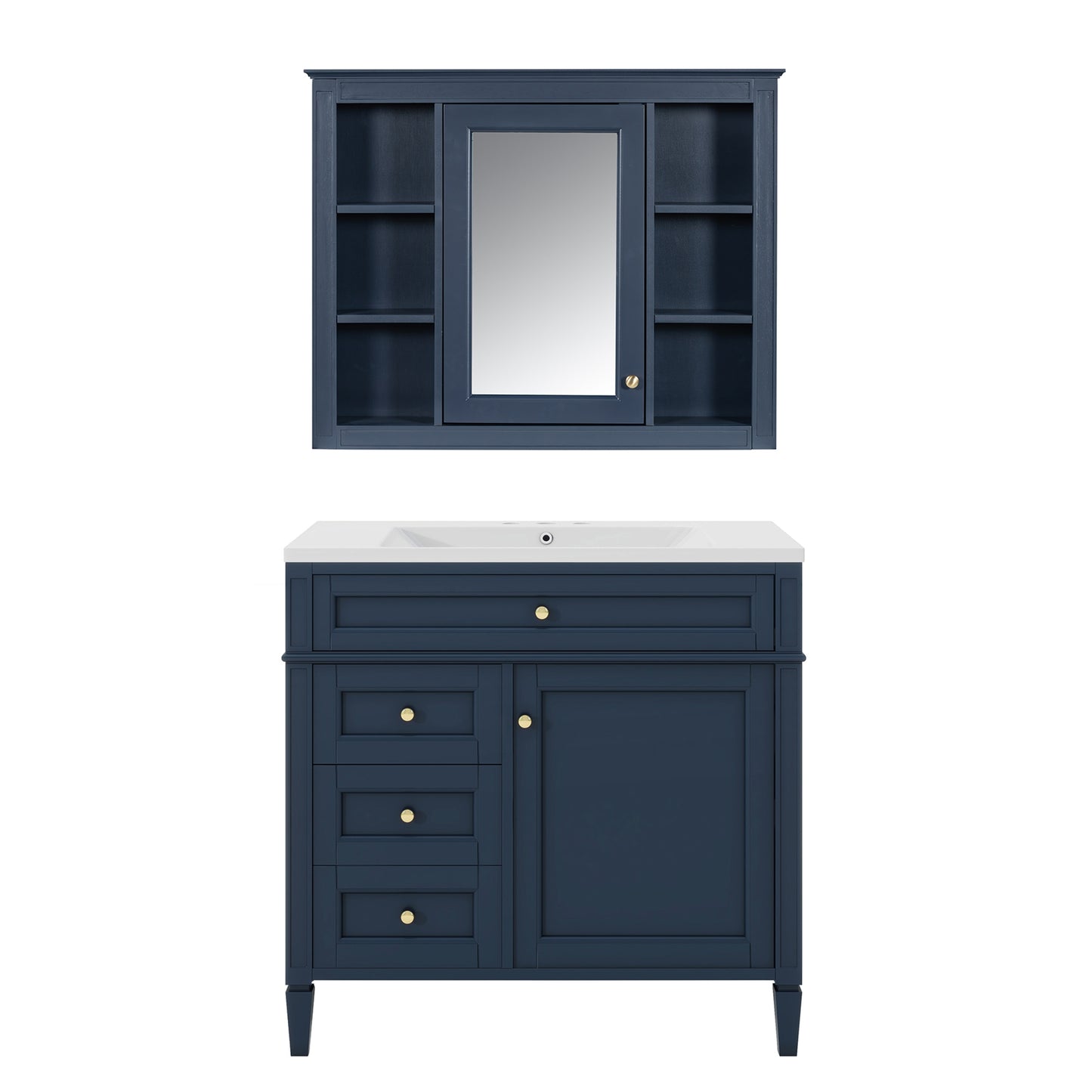 VanityFus 36-in Blue Bathroom Vanity Single Sink Medicine Cabinet Combo with Ceramic Top Undermount 2 Soft Close Doors 3 Drawers Adjustable Shelves (Mirror Included)