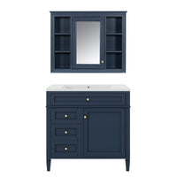 VanityFus 36-in Blue Bathroom Vanity Single Sink Medicine Cabinet Combo with Ceramic Top Undermount 2 Soft Close Doors 3 Drawers Adjustable Shelves (Mirror Included)