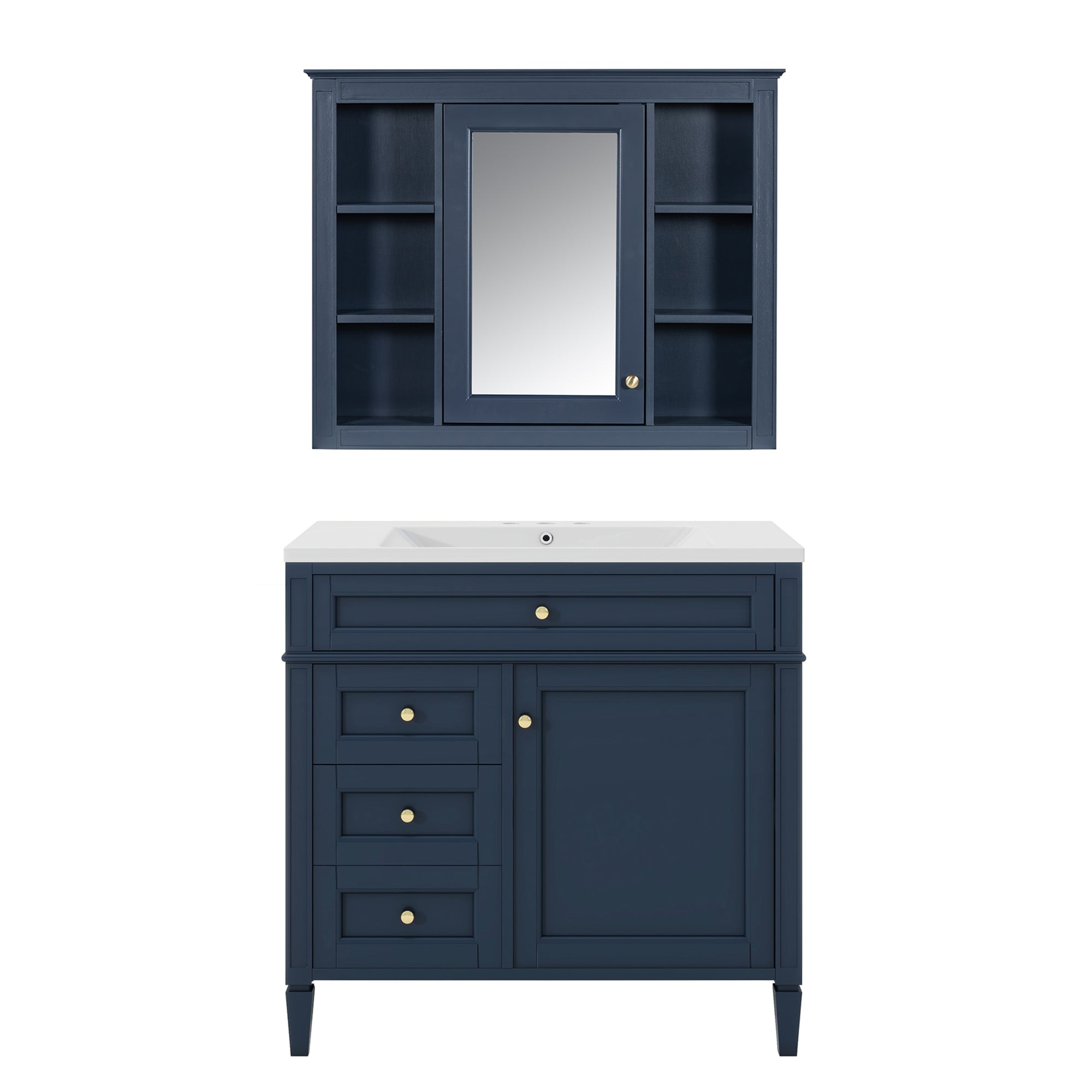 VanityFus 36-in Blue Bathroom Vanity Single Sink Medicine Cabinet Combo with Ceramic Top Undermount 2 Soft Close Doors 3 Drawers Adjustable Shelves (Mirror Included)