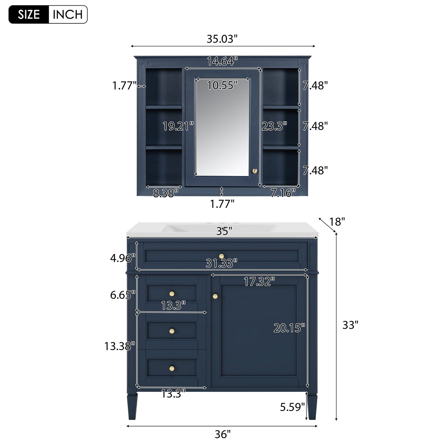 VanityFus 36-in Blue Bathroom Vanity Single Sink Medicine Cabinet Combo with Ceramic Top Undermount 2 Soft Close Doors 3 Drawers Adjustable Shelves (Mirror Included)