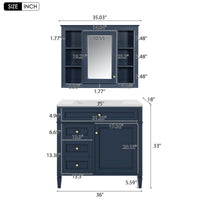 VanityFus 36-in Blue Bathroom Vanity Single Sink Medicine Cabinet Combo with Ceramic Top Undermount 2 Soft Close Doors 3 Drawers Adjustable Shelves (Mirror Included)