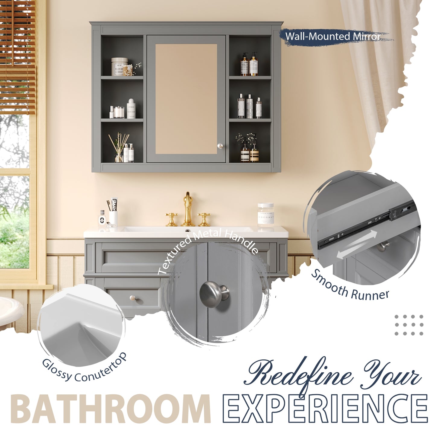 VanityFus 36-in Gray Bathroom Vanity Single Sink Medicine Cabinet Combo with Ceramic Top Undermount 2 Soft Close Doors 3 Drawers (Mirror Included) Adjustable Shelves