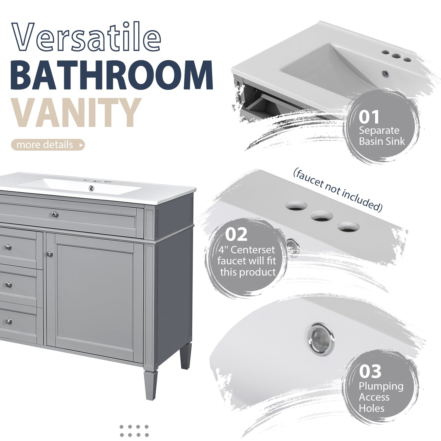 VanityFus 36-in Gray Bathroom Vanity Single Sink Medicine Cabinet Combo with Ceramic Top Undermount 2 Soft Close Doors 3 Drawers (Mirror Included) Adjustable Shelves