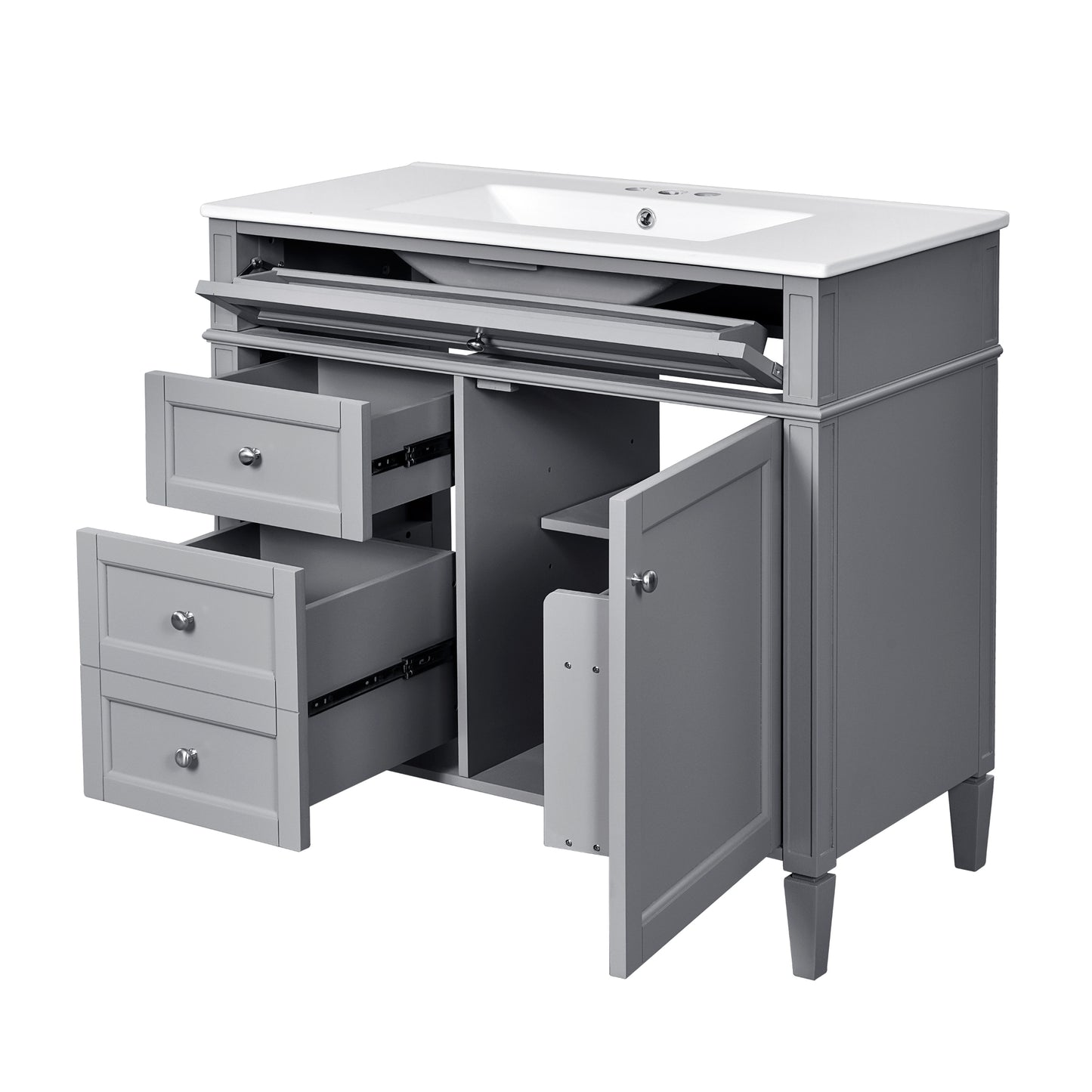 VanityFus 36-in Gray Bathroom Vanity Single Sink Medicine Cabinet Combo with Ceramic Top Undermount 2 Soft Close Doors 3 Drawers (Mirror Included) Adjustable Shelves