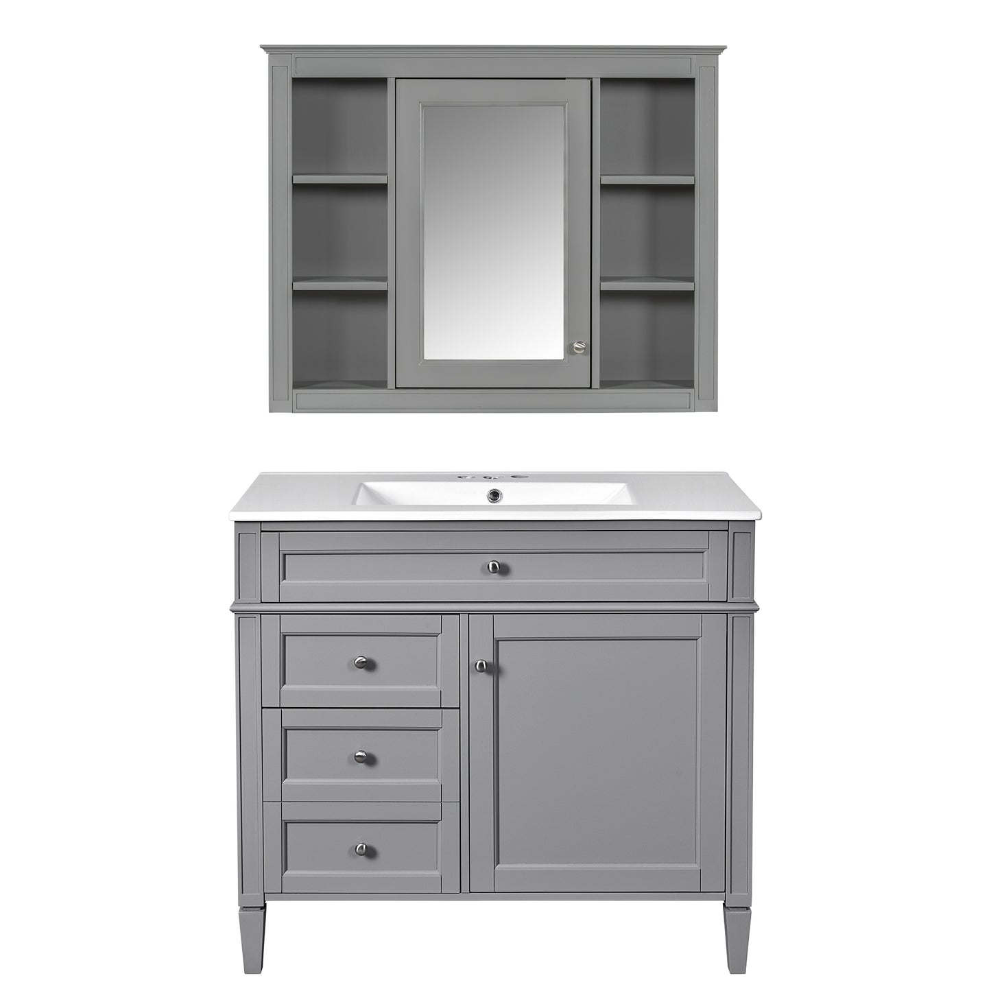 VanityFus 36-in Gray Bathroom Vanity Single Sink Medicine Cabinet Combo with Ceramic Top Undermount 2 Soft Close Doors 3 Drawers (Mirror Included) Adjustable Shelves