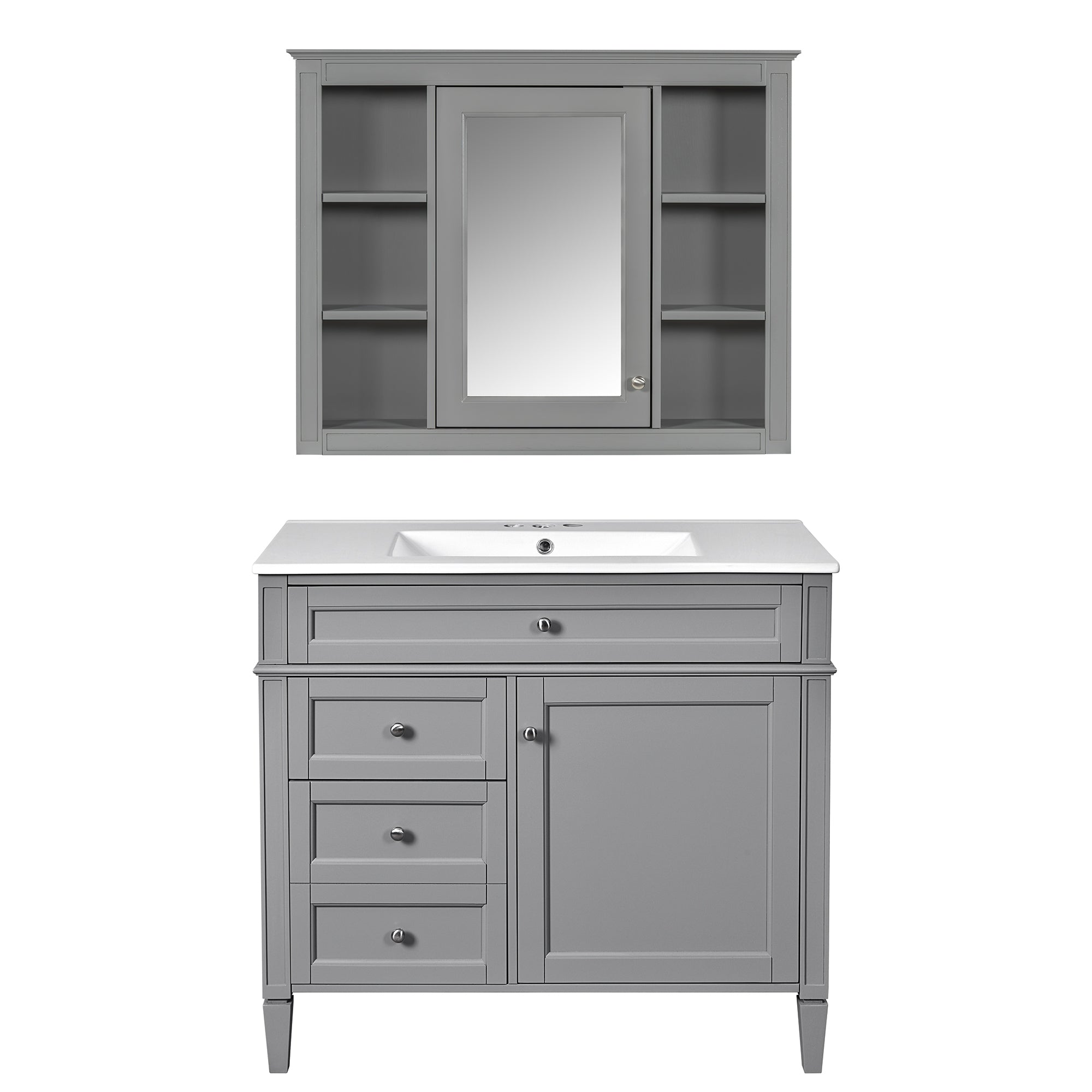 VanityFus 36-in Gray Bathroom Vanity Single Sink Medicine Cabinet Combo with Ceramic Top Undermount 2 Soft Close Doors 3 Drawers (Mirror Included) Adjustable Shelves