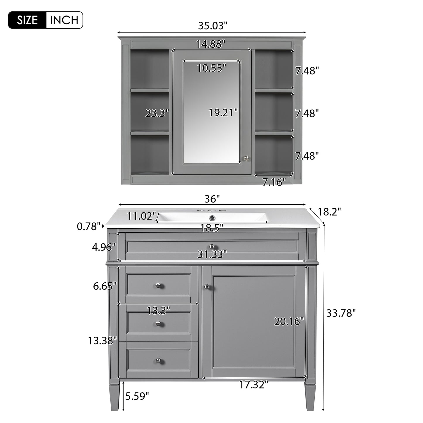 VanityFus 36-in Gray Bathroom Vanity Single Sink Medicine Cabinet Combo with Ceramic Top Undermount 2 Soft Close Doors 3 Drawers (Mirror Included) Adjustable Shelves