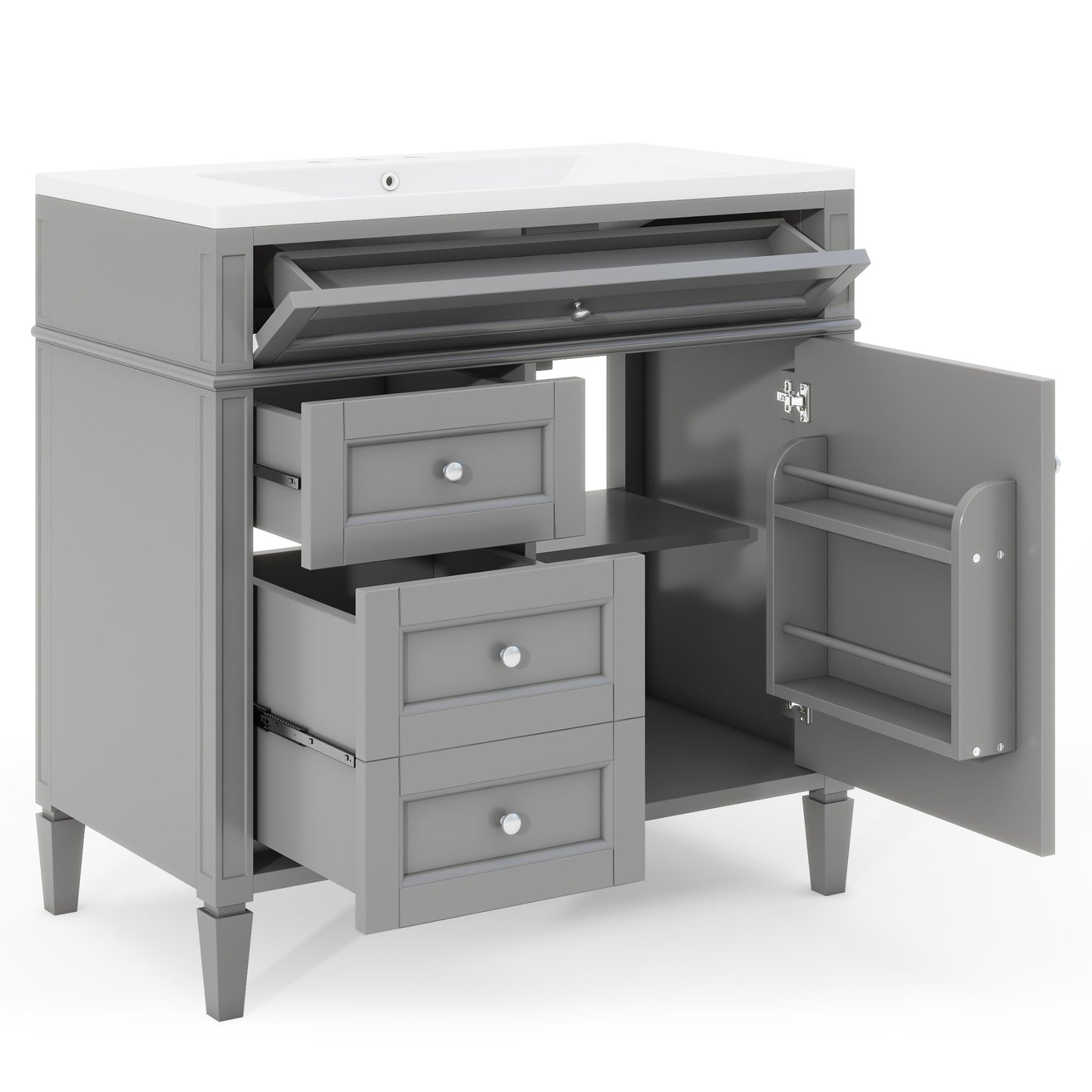 VanityFus 36-in Gray Bathroom Vanity Single Sink Medicine Cabinet Combo with Ceramic Top Undermount 2 Soft Close Doors 3 Drawers Adjustable Shelves (Mirror Included)