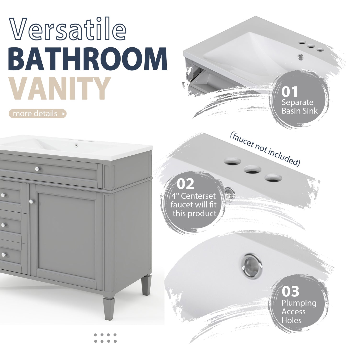 VanityFus 36-in Gray Bathroom Vanity Single Sink Medicine Cabinet Combo with Ceramic Top Undermount 2 Soft Close Doors 3 Drawers Adjustable Shelves (Mirror Included)
