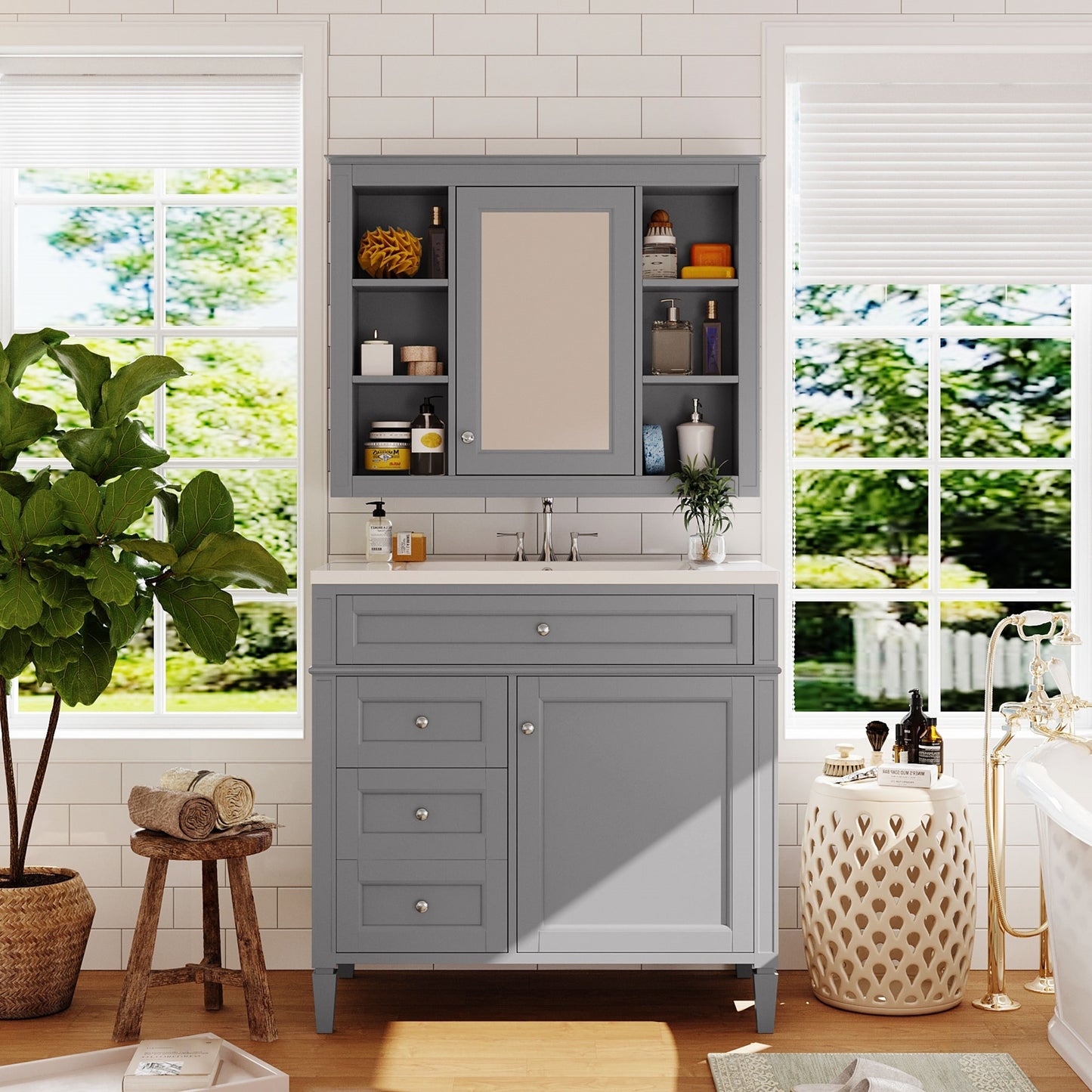 VanityFus 36-in Gray Bathroom Vanity Single Sink Medicine Cabinet Combo with Ceramic Top Undermount 2 Soft Close Doors 3 Drawers Adjustable Shelves (Mirror Included)