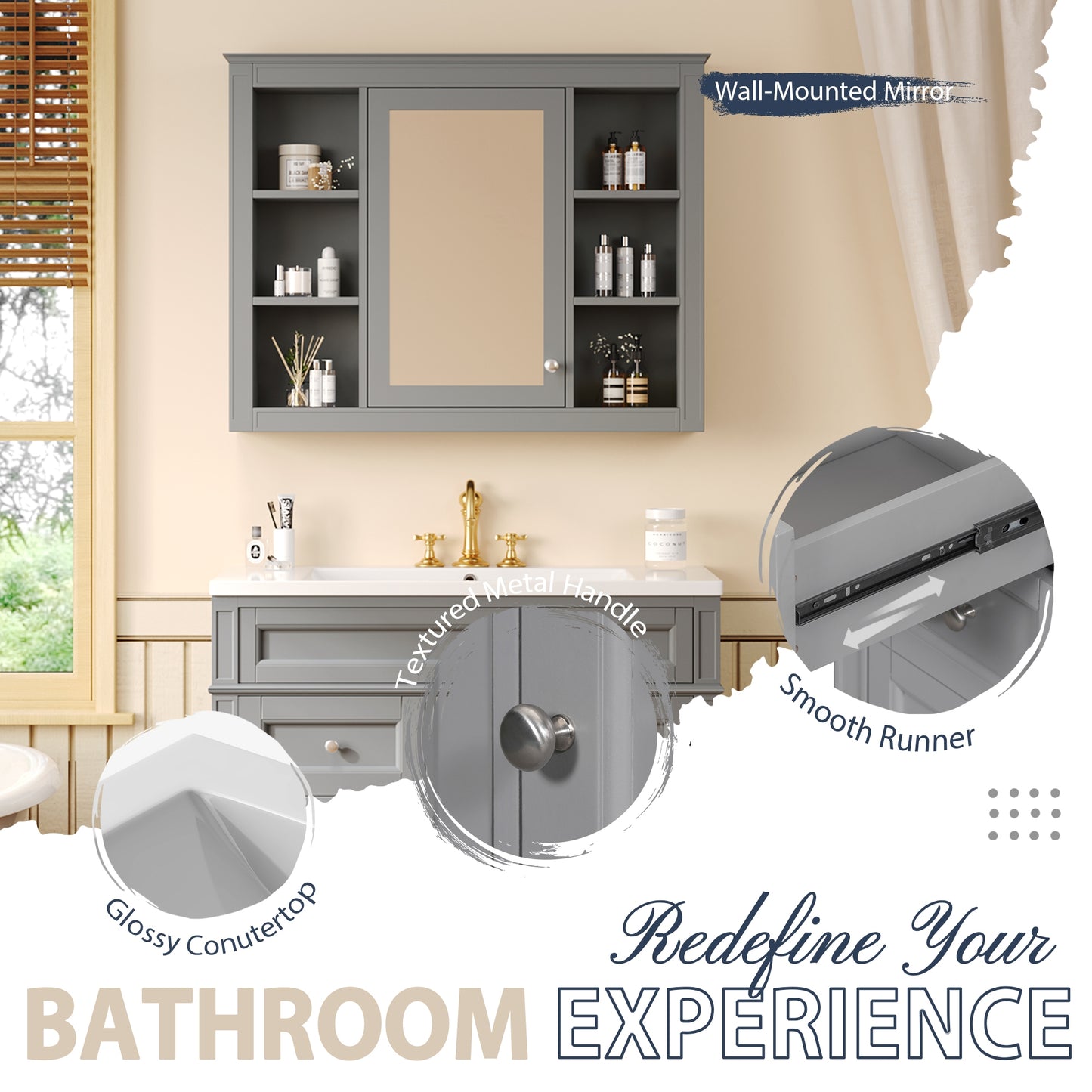 VanityFus 36-in Gray Bathroom Vanity Single Sink Medicine Cabinet Combo with Ceramic Top Undermount 2 Soft Close Doors 3 Drawers Adjustable Shelves (Mirror Included)
