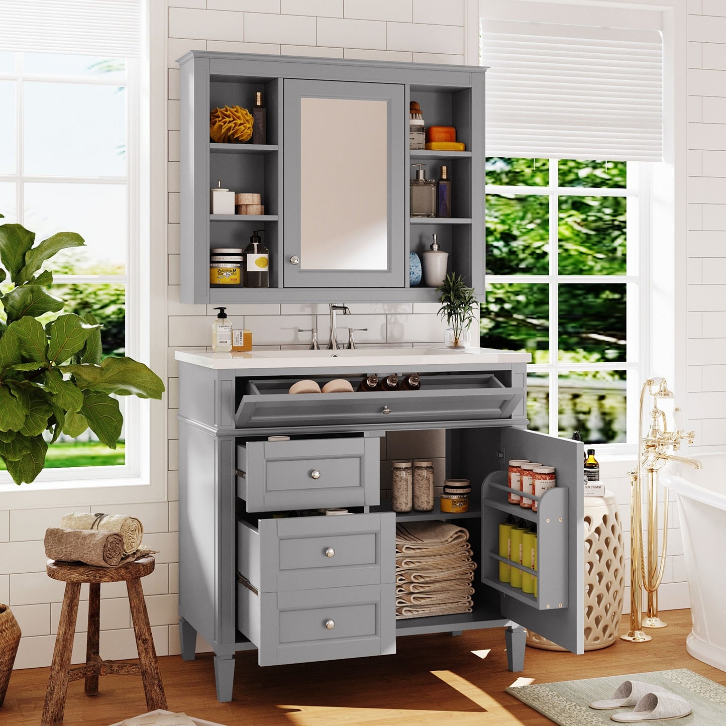 VanityFus 36-in Gray Bathroom Vanity Single Sink Medicine Cabinet Combo with Ceramic Top Undermount 2 Soft Close Doors 3 Drawers Adjustable Shelves (Mirror Included)