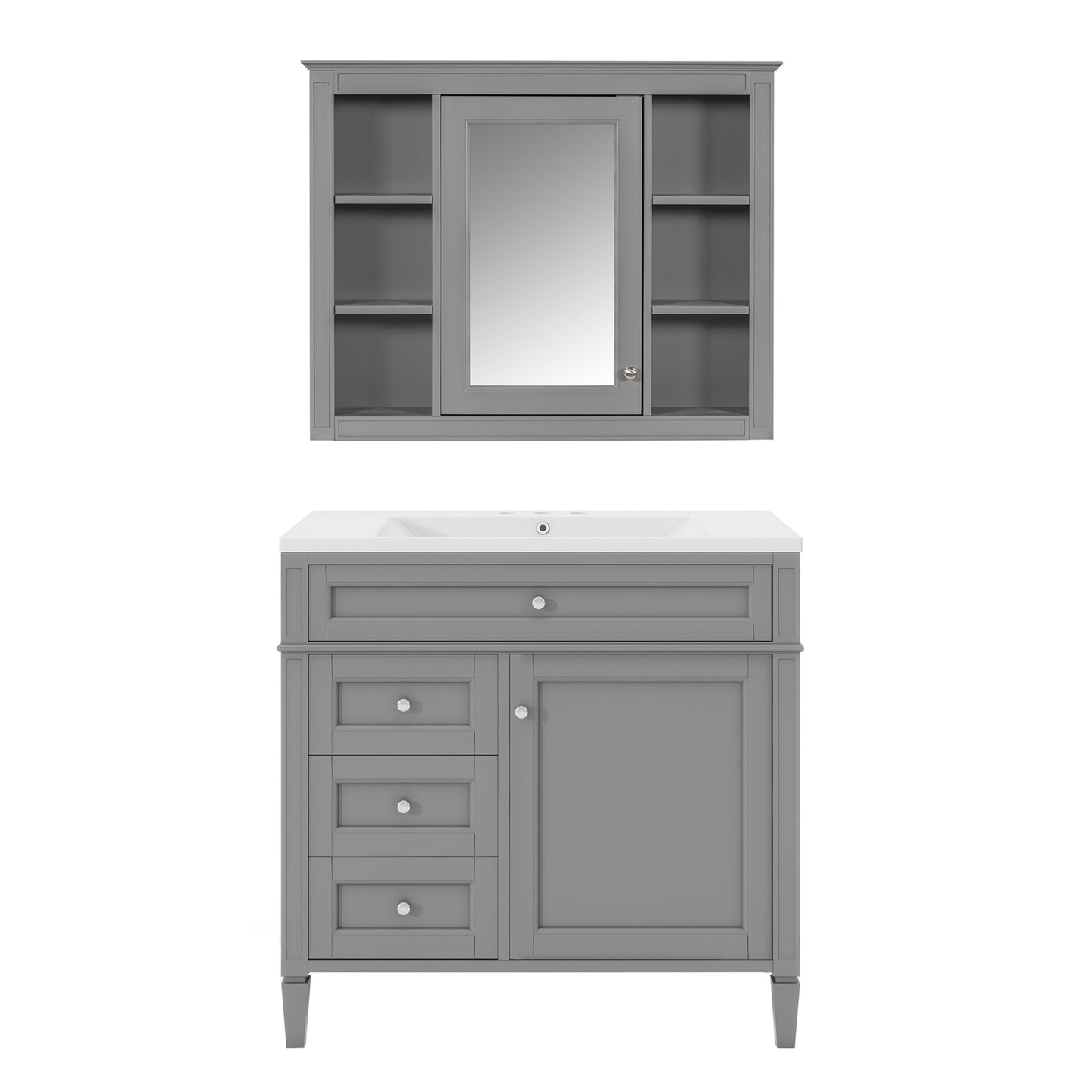 VanityFus 36-in Gray Bathroom Vanity Single Sink Medicine Cabinet Combo with Ceramic Top Undermount 2 Soft Close Doors 3 Drawers Adjustable Shelves (Mirror Included)