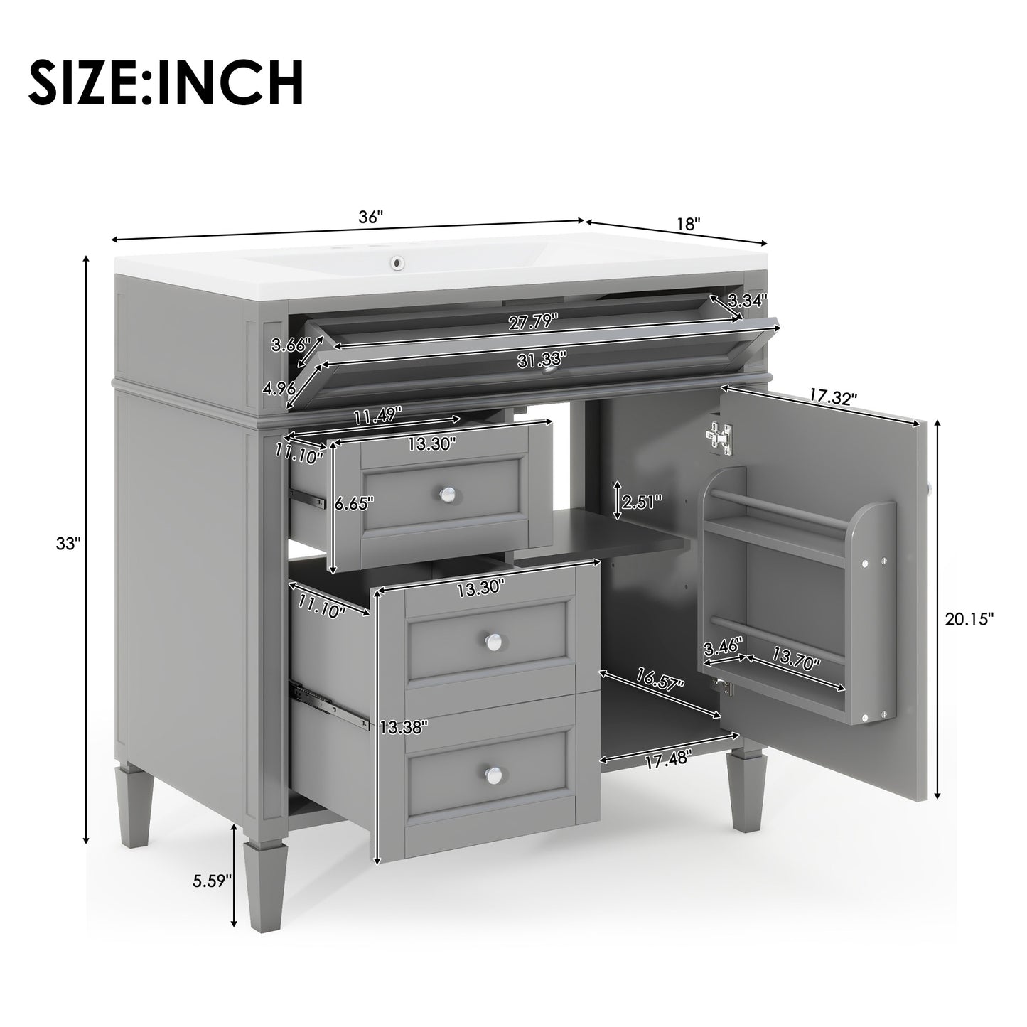 VanityFus 36-in Gray Bathroom Vanity Single Sink Medicine Cabinet Combo with Ceramic Top Undermount 2 Soft Close Doors 3 Drawers Adjustable Shelves (Mirror Included)
