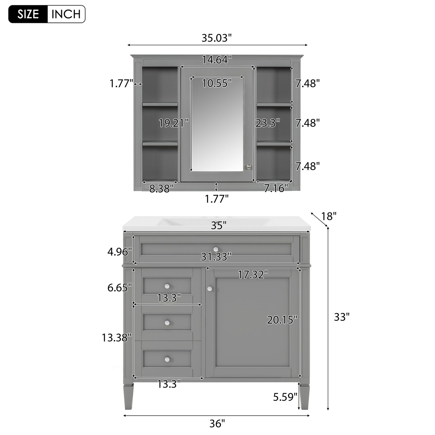 VanityFus 36-in Gray Bathroom Vanity Single Sink Medicine Cabinet Combo with Ceramic Top Undermount 2 Soft Close Doors 3 Drawers Adjustable Shelves (Mirror Included)
