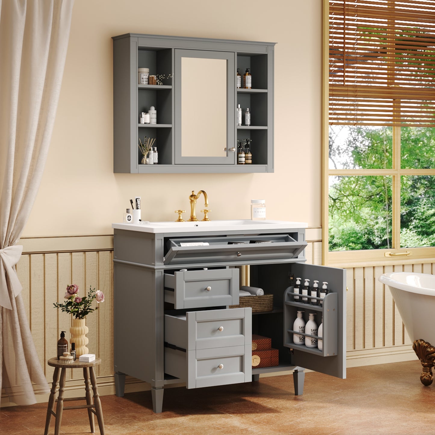 VanityFus 36-in Gray Bathroom Vanity Single Sink Medicine Cabinet Combo with Ceramic Top Undermount 2 Soft Close Doors 3 Drawers Adjustable Shelves (Mirror Included)