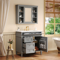 VanityFus 36-in Gray Bathroom Vanity Single Sink Medicine Cabinet Combo with Ceramic Top Undermount 2 Soft Close Doors 3 Drawers Adjustable Shelves (Mirror Included)