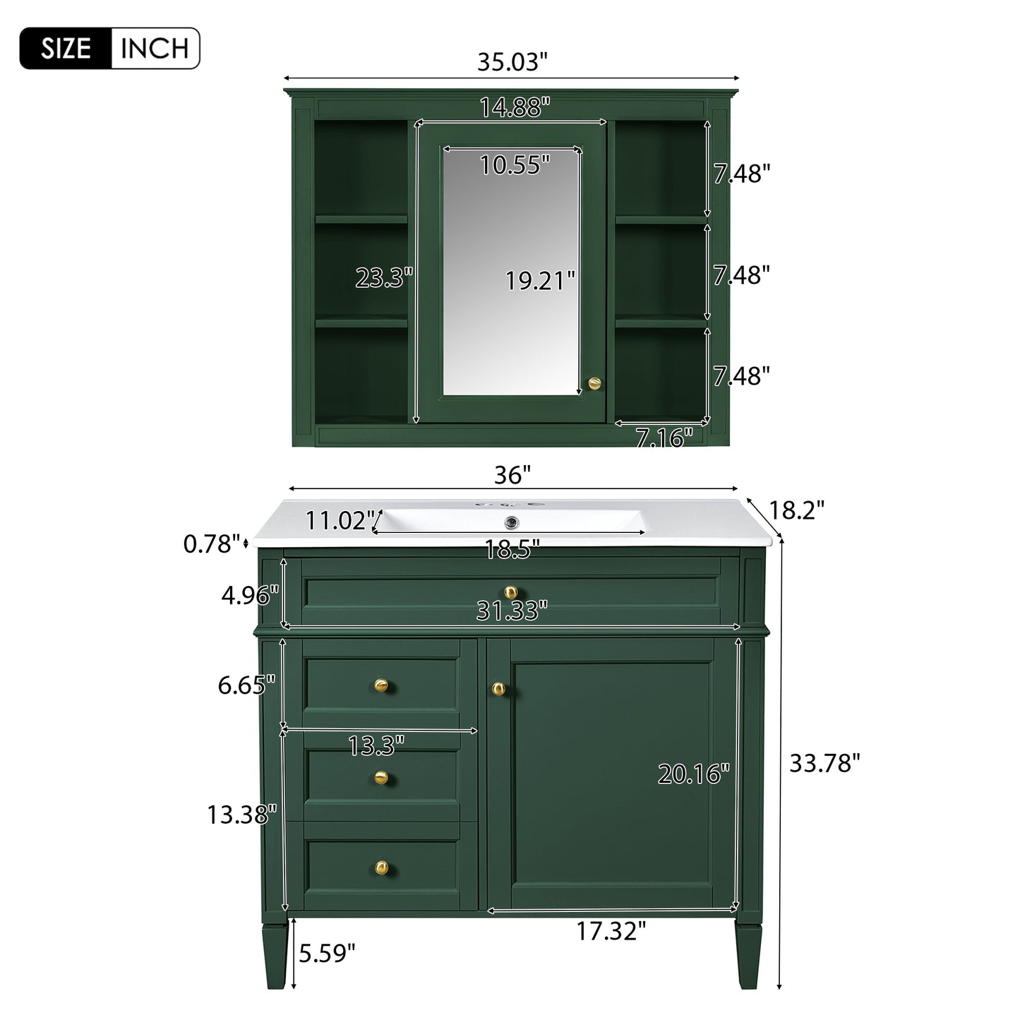 VanityFus 36-in Green Bathroom Vanity Single Sink Medicine Cabinet Combo with Ceramic Top Undermount 2 Soft Close Doors 3 Drawers (Mirror Included) Adjustable Shelves