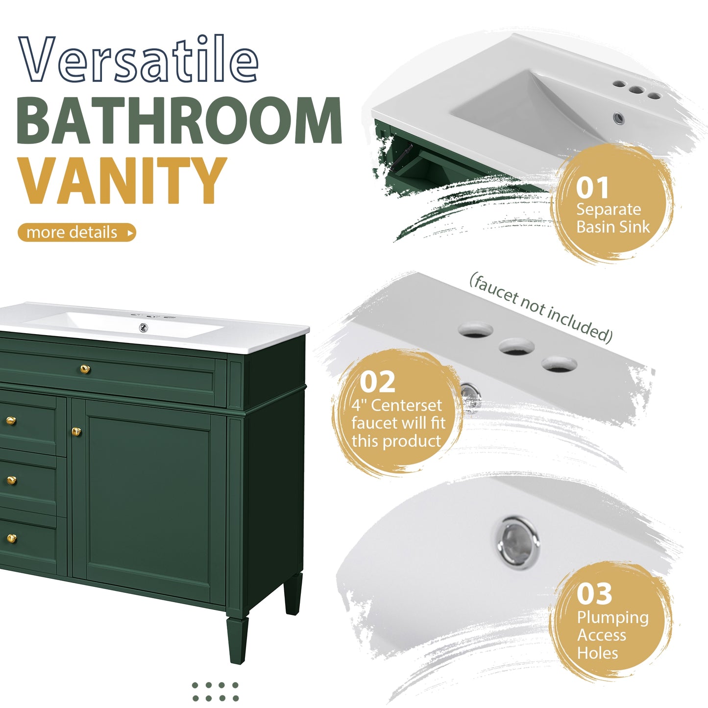 VanityFus 36-in Green Bathroom Vanity Single Sink Medicine Cabinet Combo with Ceramic Top Undermount 2 Soft Close Doors 3 Drawers (Mirror Included) Adjustable Shelves