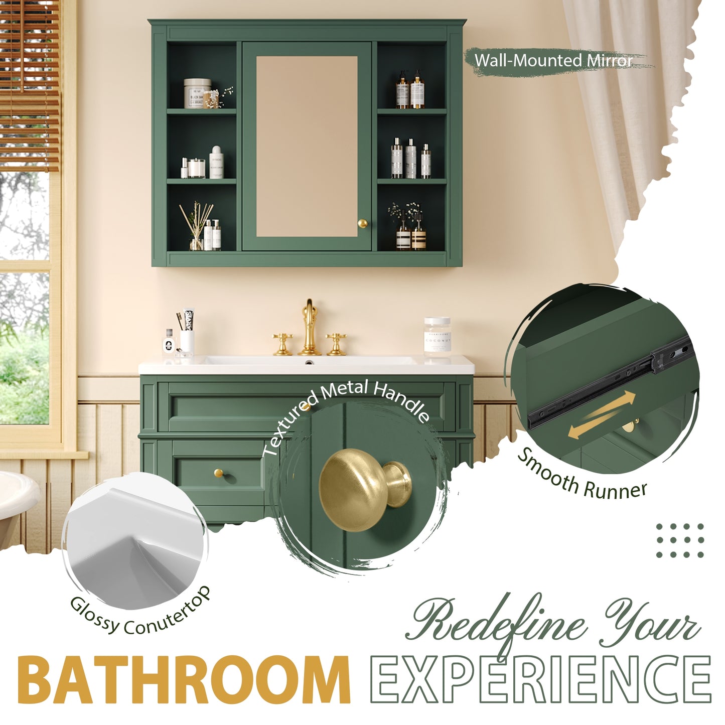 VanityFus 36-in Green Bathroom Vanity Single Sink Medicine Cabinet Combo with Ceramic Top Undermount 2 Soft Close Doors 3 Drawers (Mirror Included) Adjustable Shelves