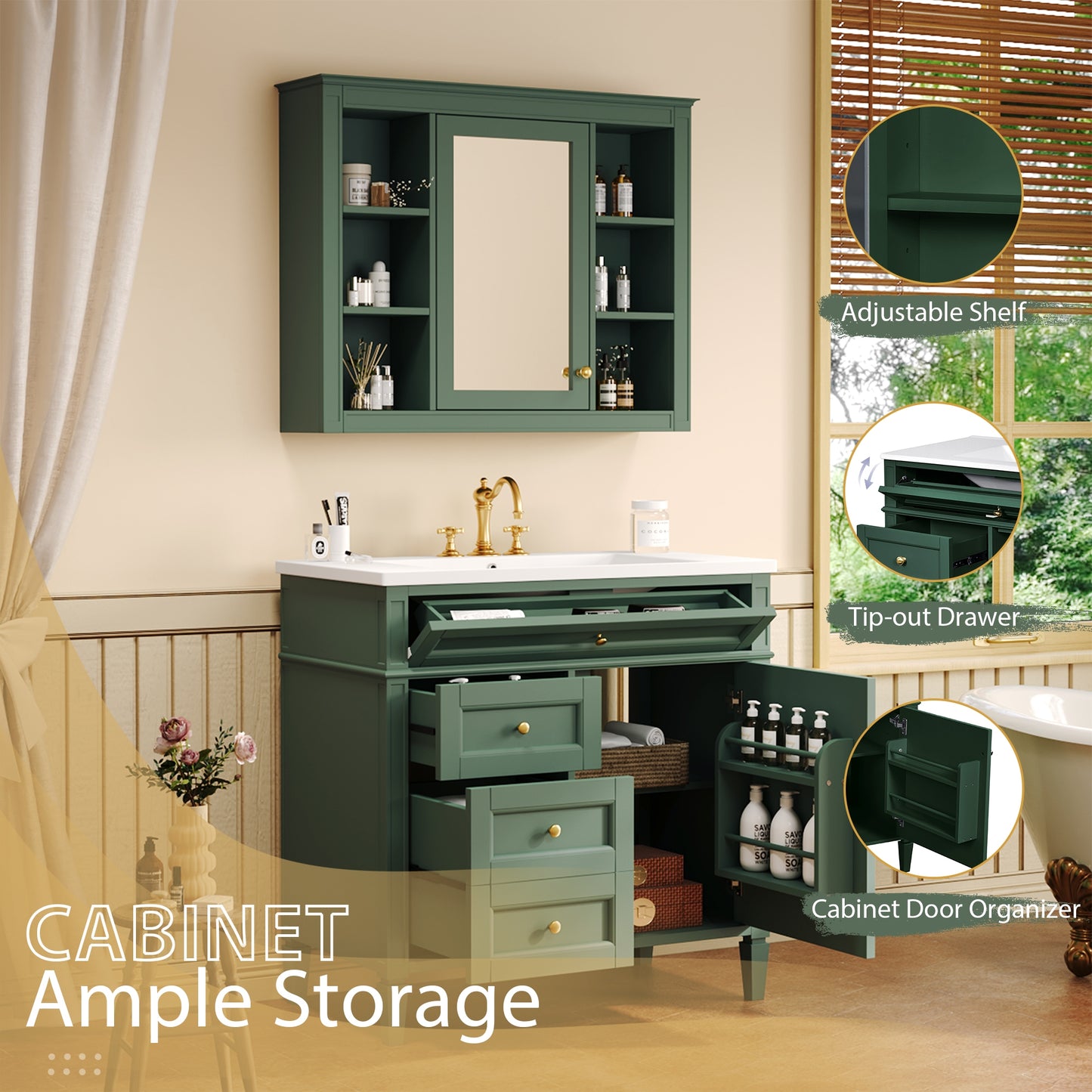VanityFus 36-in Green Bathroom Vanity Single Sink Medicine Cabinet Combo with Ceramic Top Undermount 2 Soft Close Doors 3 Drawers (Mirror Included) Adjustable Shelves