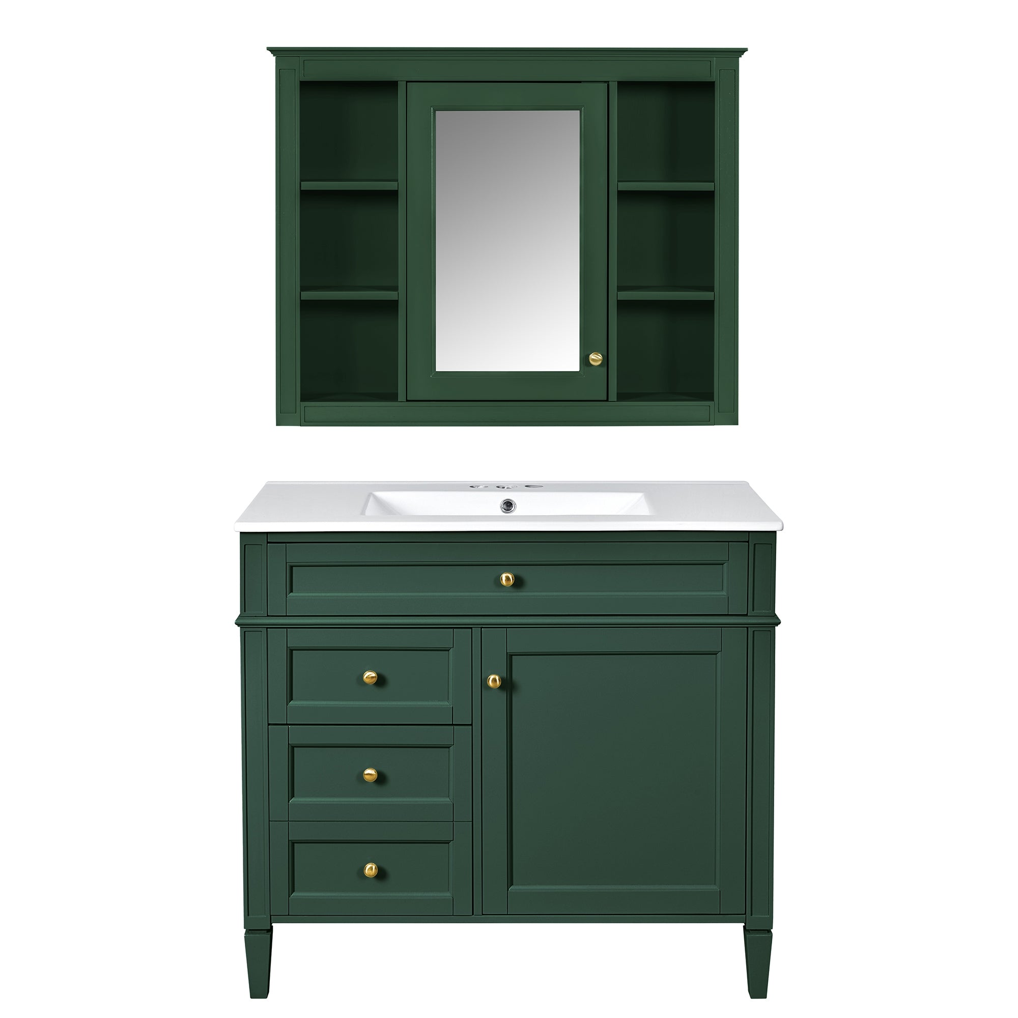 VanityFus 36-in Green Bathroom Vanity Single Sink Medicine Cabinet Combo with Ceramic Top Undermount 2 Soft Close Doors 3 Drawers (Mirror Included) Adjustable Shelves
