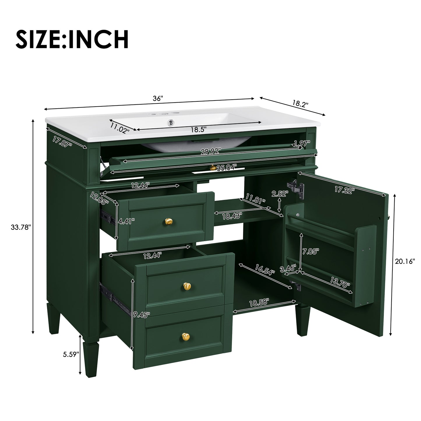 VanityFus 36-in Green Bathroom Vanity Single Sink Medicine Cabinet Combo with Ceramic Top Undermount 2 Soft Close Doors 3 Drawers (Mirror Included) Adjustable Shelves