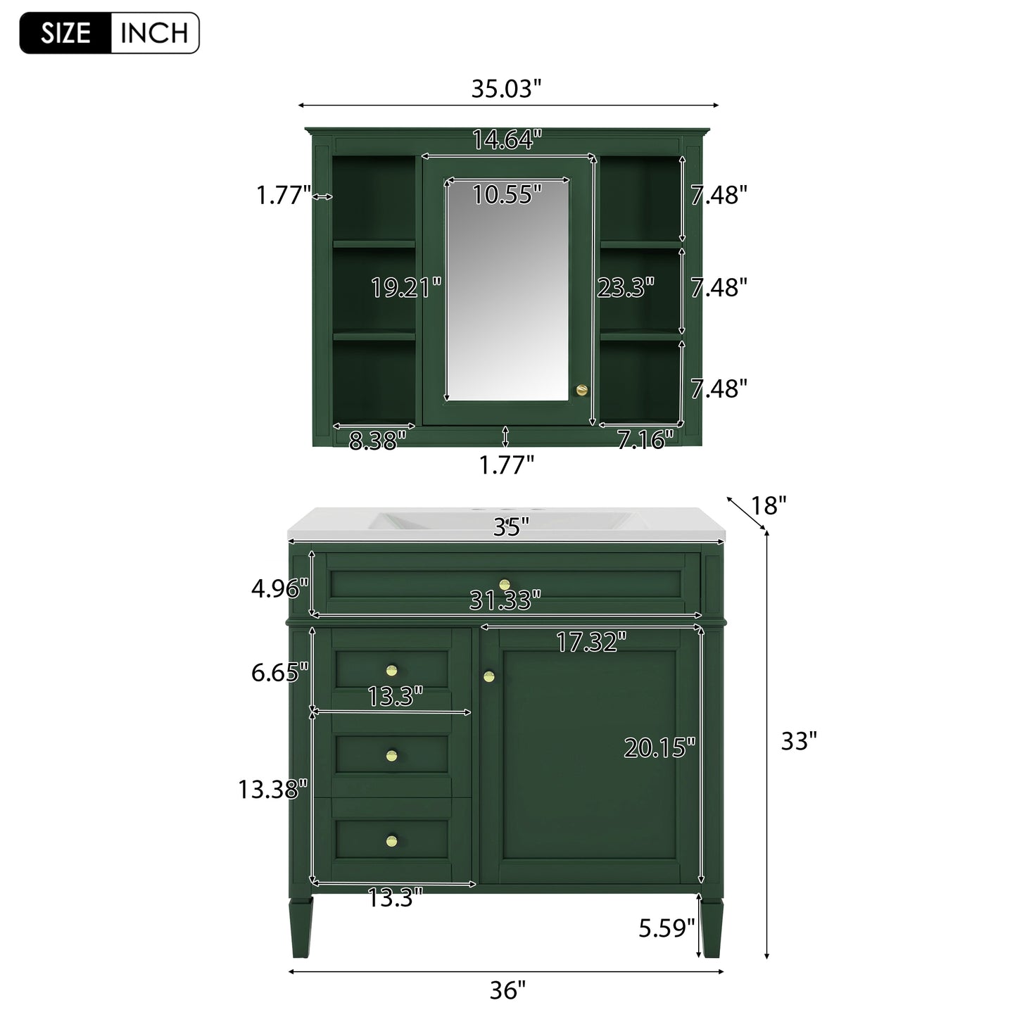 VanityFus 36-in Green Bathroom Vanity Single Sink Medicine Cabinet Combo with Ceramic Top Undermount 2 Soft Close Doors 3 Drawers Adjustable Shelves (Mirror Included)
